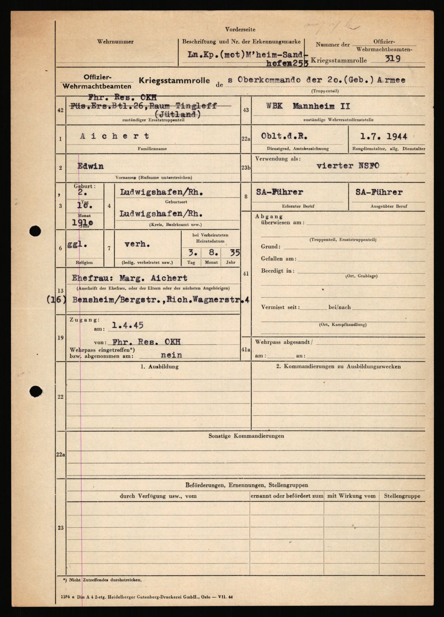 Forsvarets Overkommando. 2 kontor. Arkiv 11.4. Spredte tyske arkivsaker, AV/RA-RAFA-7031/D/Dar/Dara/L0018: Personalbøker, 1940-1945, p. 6