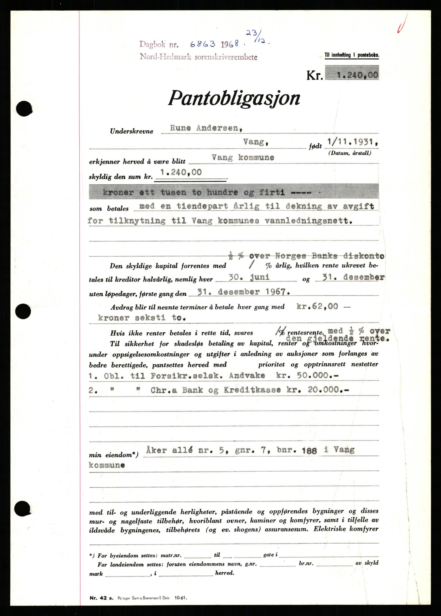 Nord-Hedmark sorenskriveri, SAH/TING-012/H/Hb/Hbf/L0077: Mortgage book no. B77, 1968-1969, Diary no: : 6863/1968