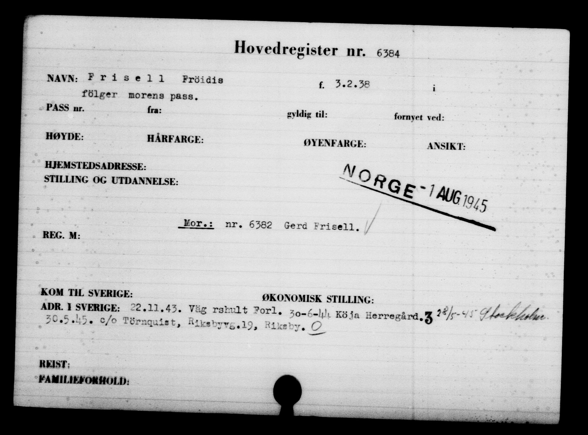 Den Kgl. Norske Legasjons Flyktningskontor, AV/RA-S-6753/V/Va/L0004: Kjesäterkartoteket.  Flyktningenr. 3496-6610, 1940-1945, p. 3415