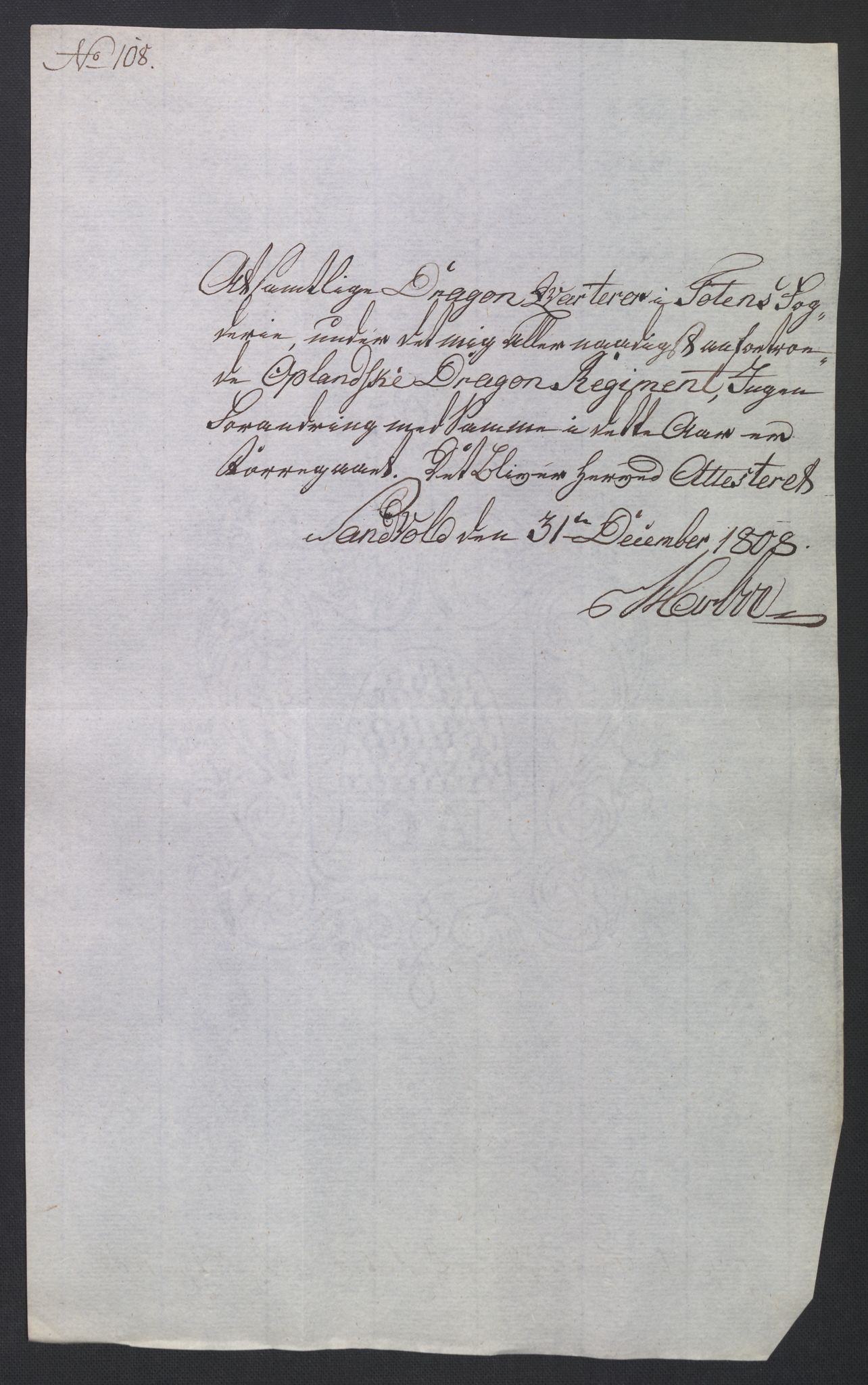 Rentekammeret inntil 1814, Reviderte regnskaper, Fogderegnskap, AV/RA-EA-4092/R19/L1396: Fogderegnskap Toten, Hadeland og Vardal, 1808, p. 446