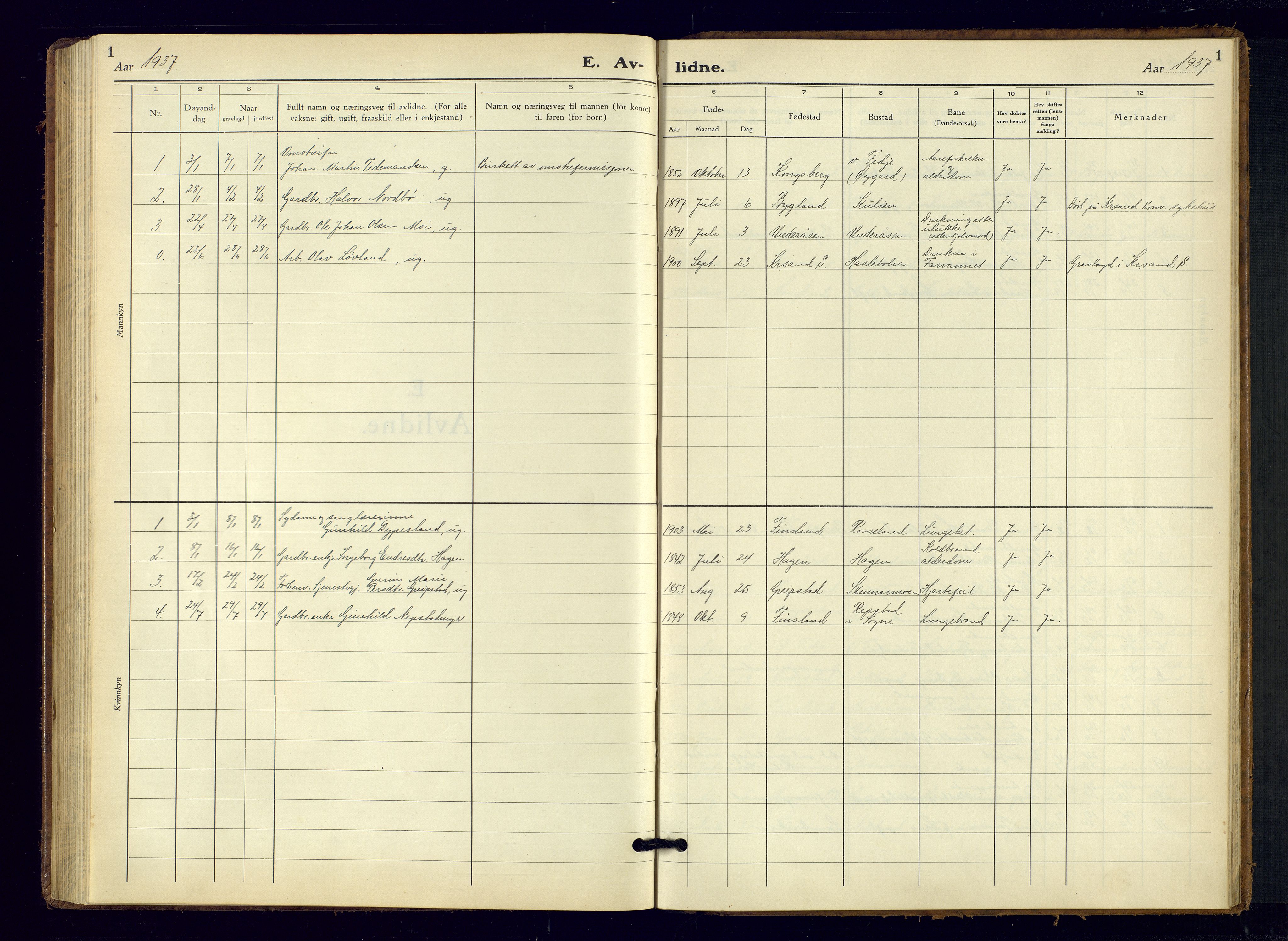 Søgne sokneprestkontor, SAK/1111-0037/F/Fb/Fba/L0006: Parish register (copy) no. B-6, 1937-1966, p. 1