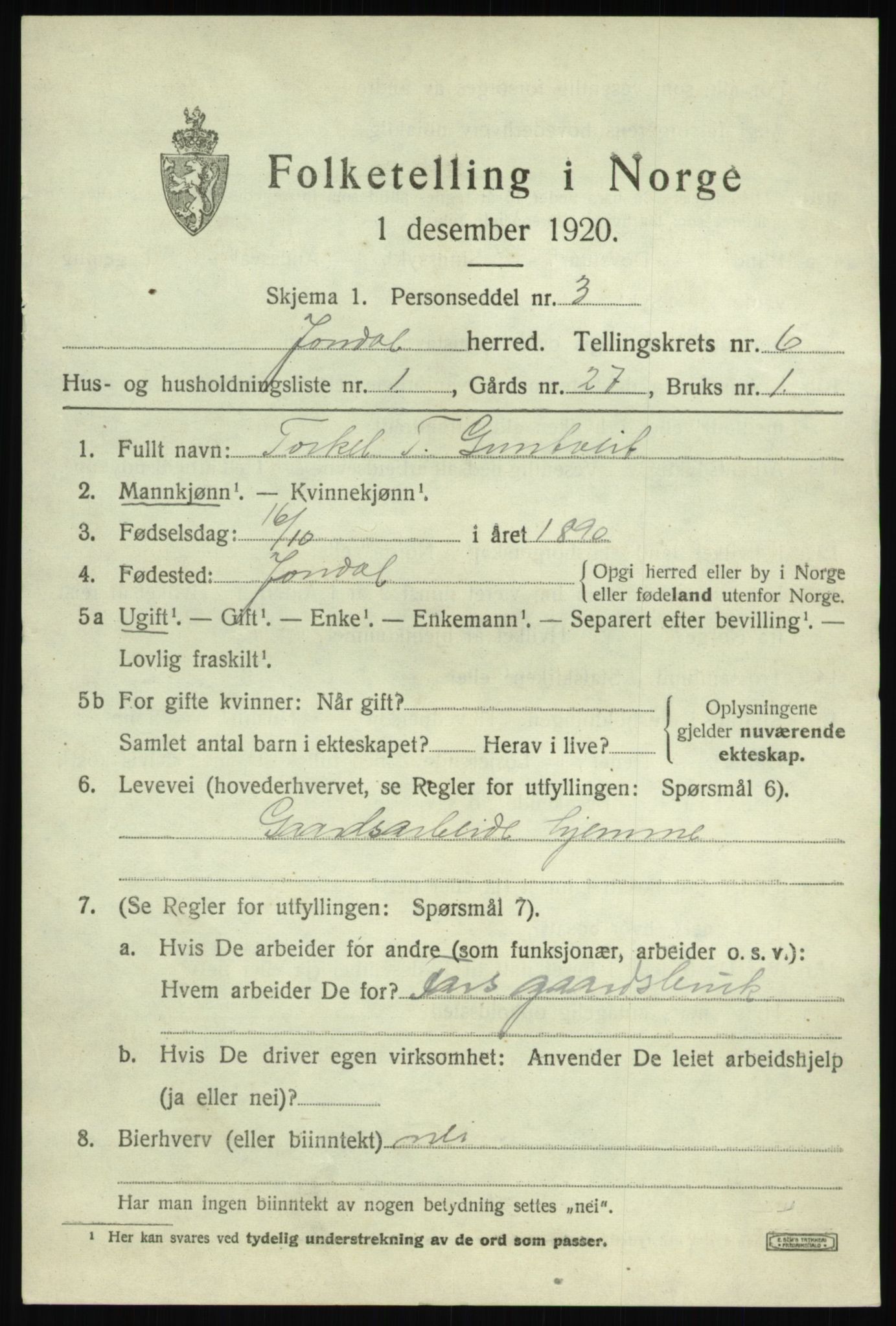 SAB, 1920 census for Jondal, 1920, p. 2854