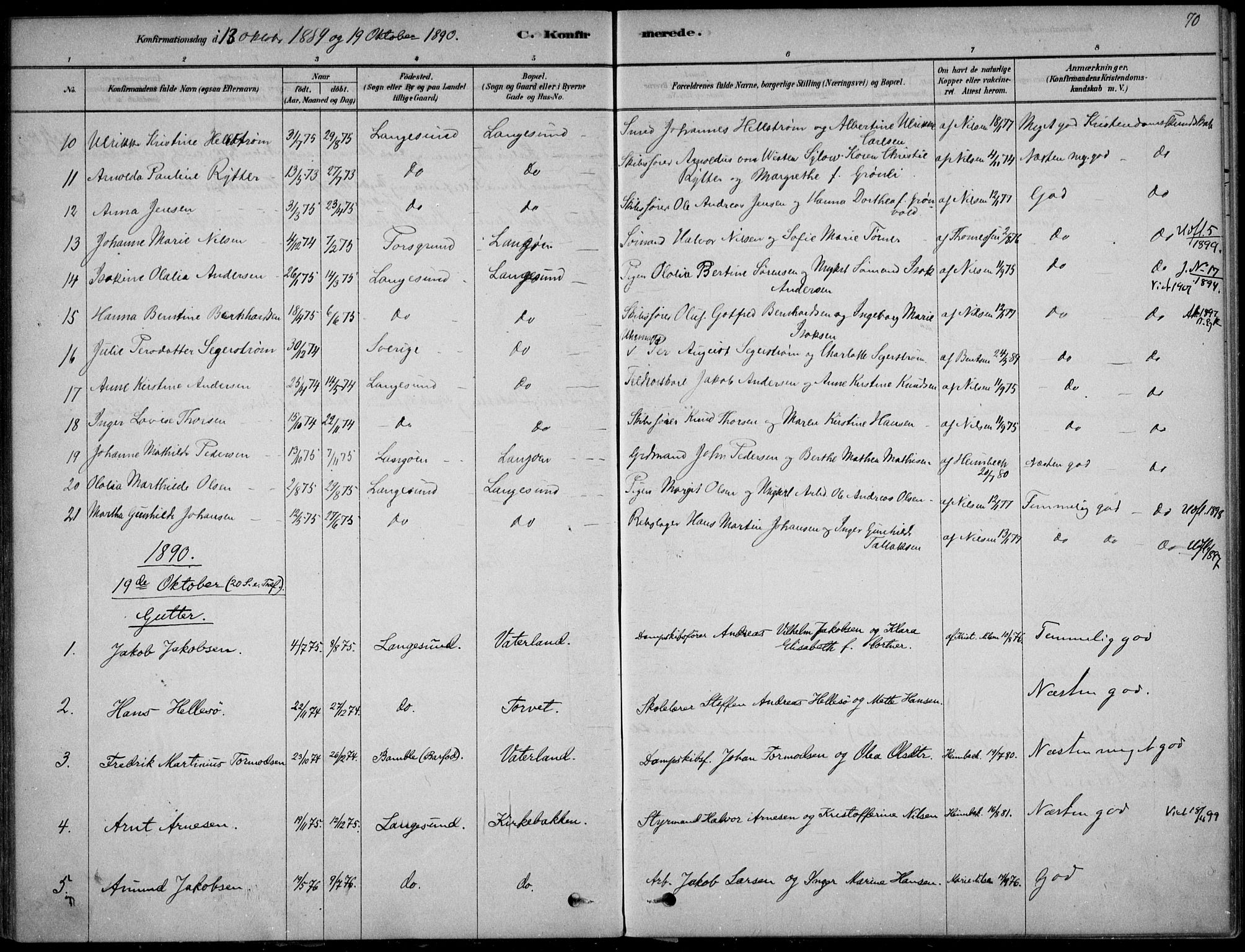 Langesund kirkebøker, SAKO/A-280/F/Fa/L0002: Parish register (official) no. 2, 1878-1892, p. 70