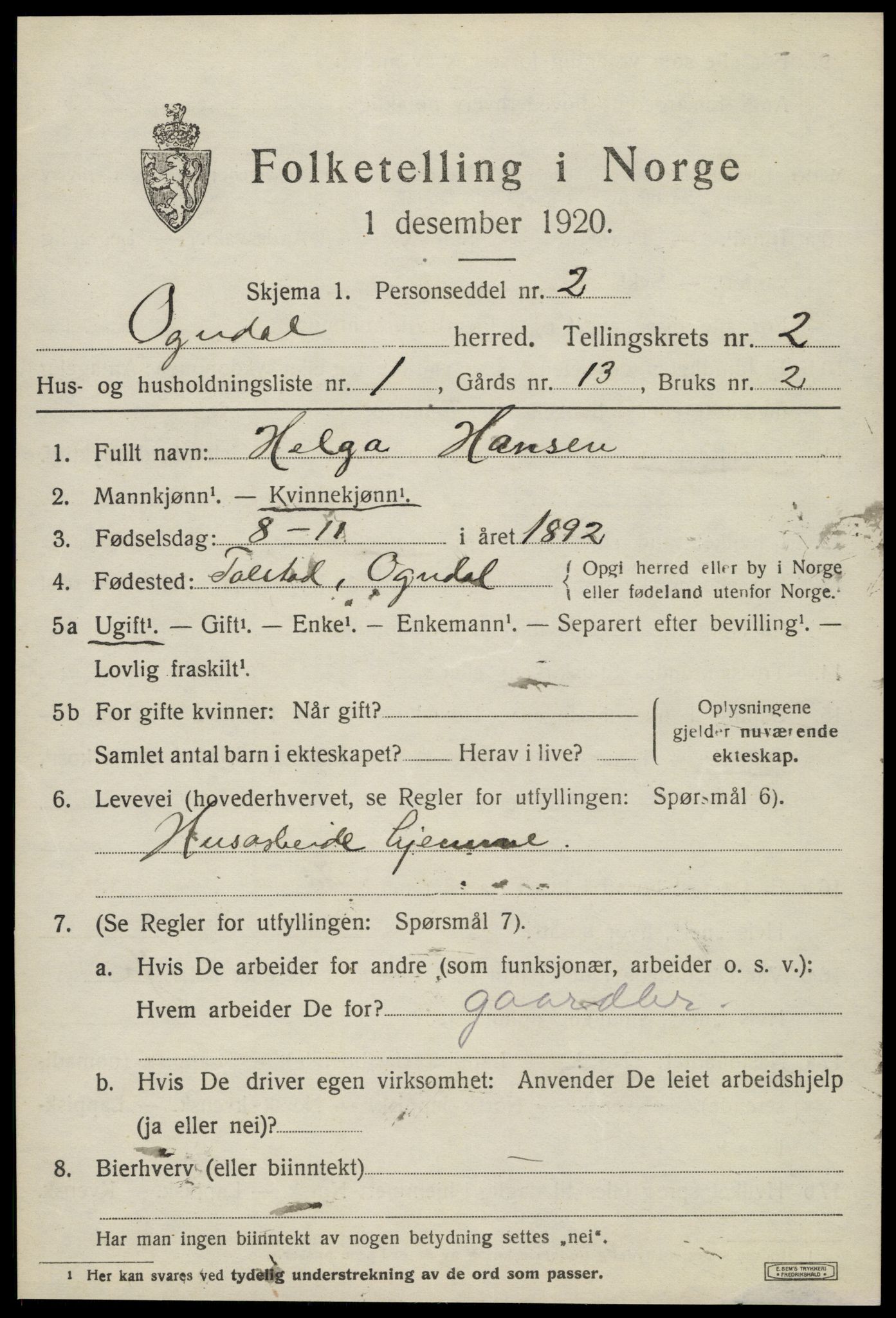SAT, 1920 census for Ogndal, 1920, p. 705