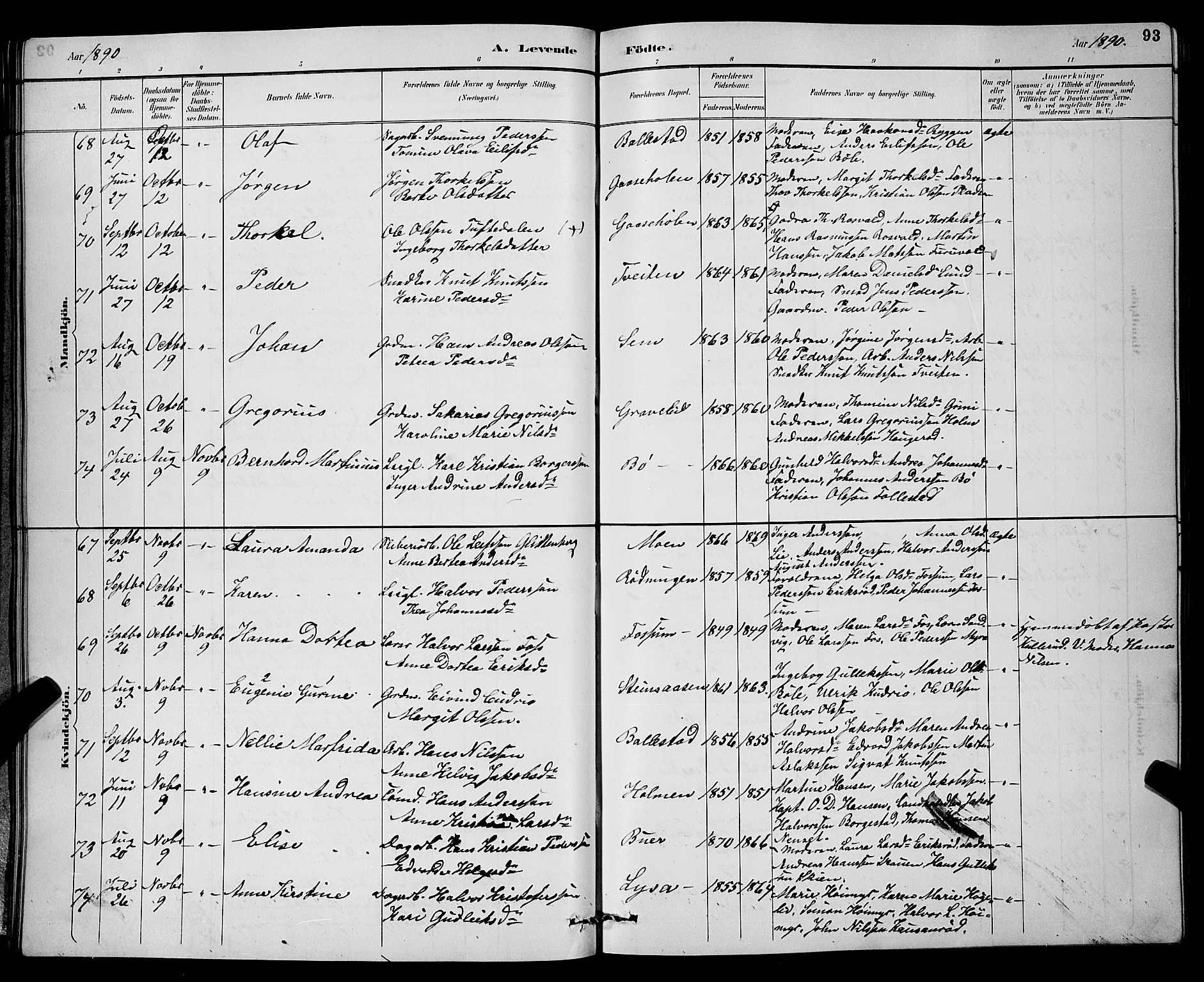 Gjerpen kirkebøker, SAKO/A-265/G/Ga/L0002: Parish register (copy) no. I 2, 1883-1900, p. 93