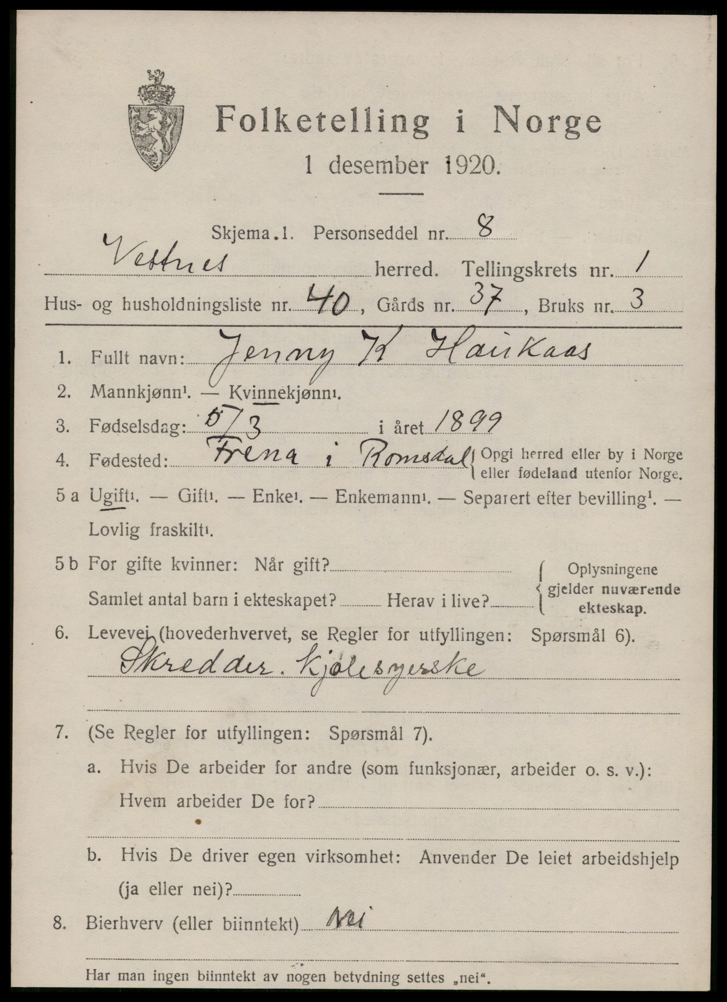 SAT, 1920 census for Vestnes, 1920, p. 1693