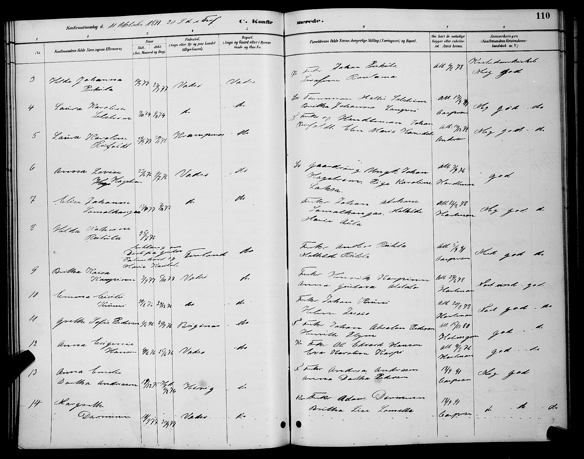 Vadsø sokneprestkontor, SATØ/S-1325/H/Hb/L0004klokker: Parish register (copy) no. 4, 1885-1895, p. 110