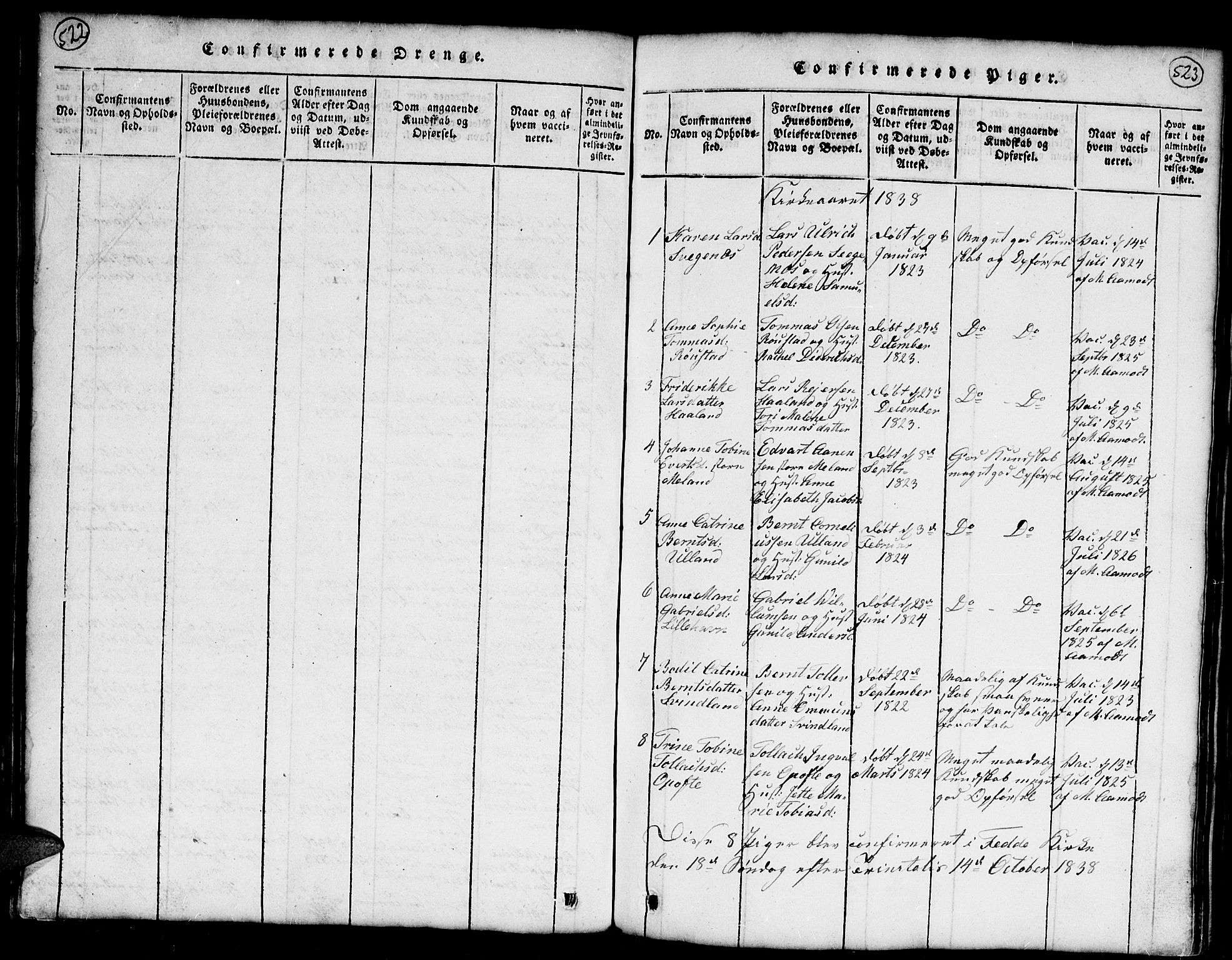 Kvinesdal sokneprestkontor, SAK/1111-0026/F/Fb/Fba/L0001: Parish register (copy) no. B 1, 1815-1839, p. 522-523