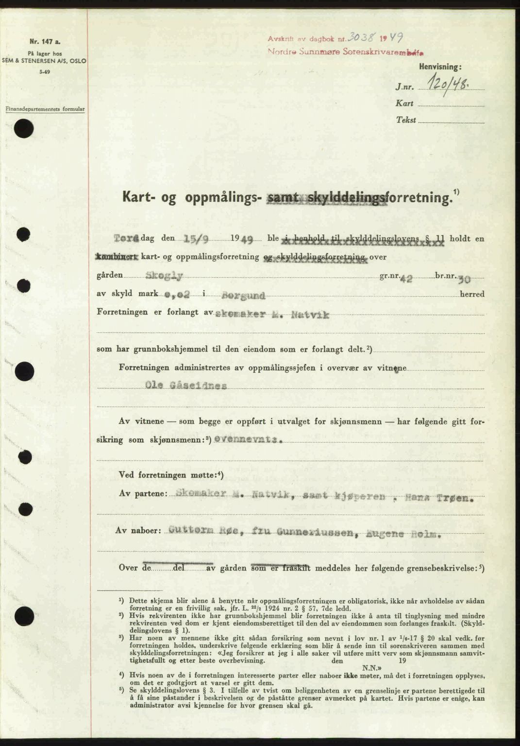 Nordre Sunnmøre sorenskriveri, AV/SAT-A-0006/1/2/2C/2Ca: Mortgage book no. A33, 1949-1950, Diary no: : 3038/1949