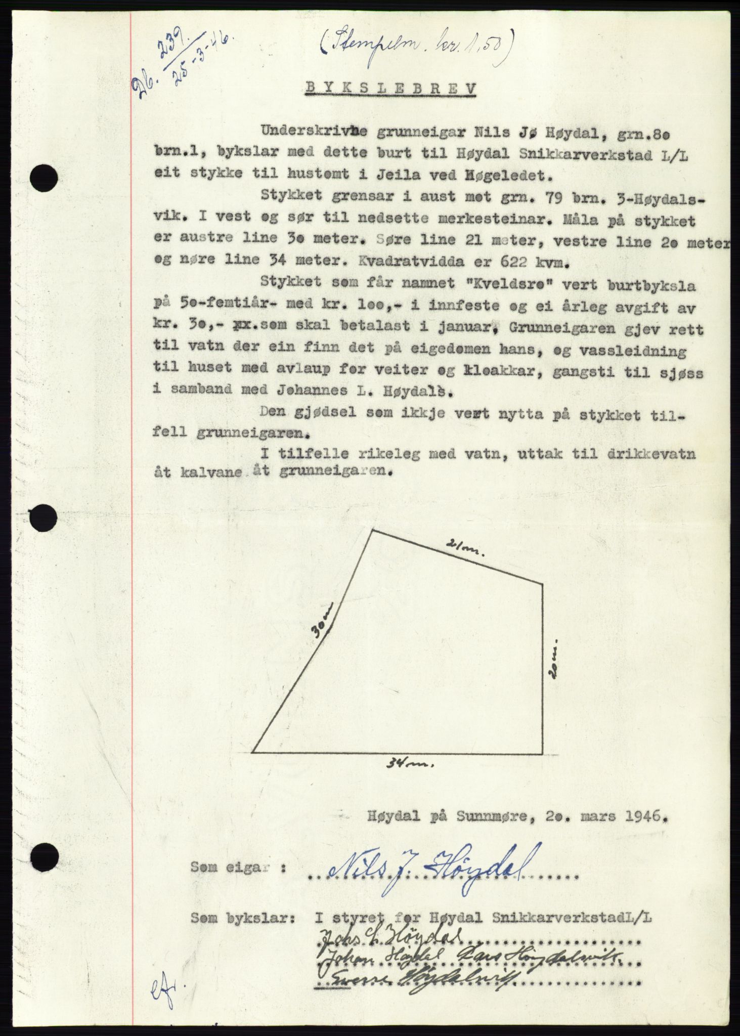 Søre Sunnmøre sorenskriveri, AV/SAT-A-4122/1/2/2C/L0078: Mortgage book no. 4A, 1946-1946, Diary no: : 239/1946