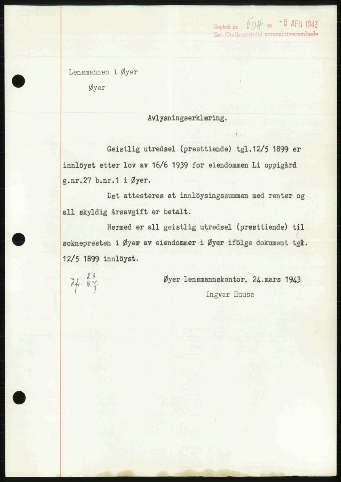 Sør-Gudbrandsdal tingrett, SAH/TING-004/H/Hb/Hbf/L0002: Mortgage book no. C1, 1938-1951, Diary no: : 504/1943