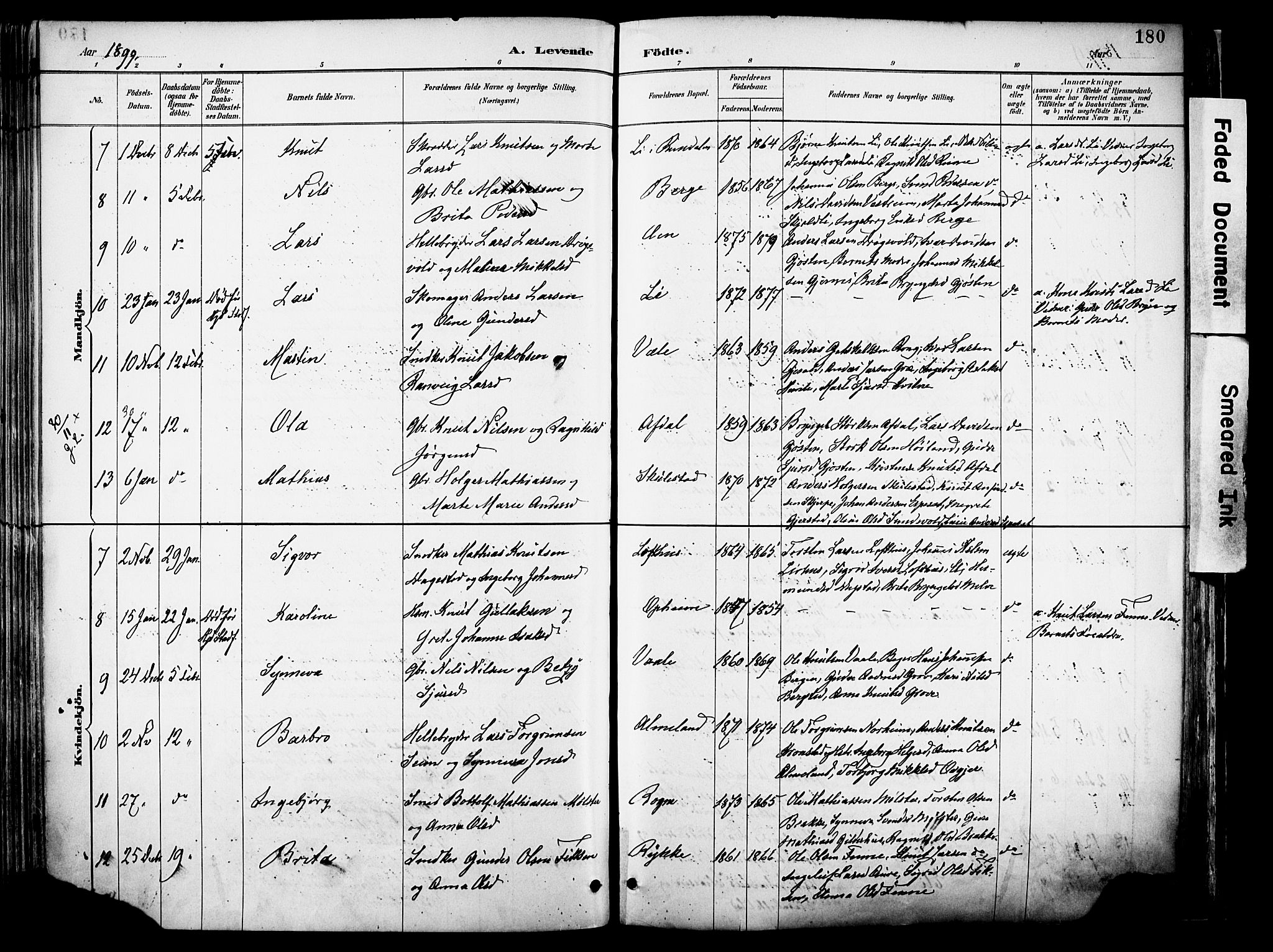 Voss sokneprestembete, SAB/A-79001/H/Haa: Parish register (official) no. A 21, 1887-1903, p. 180