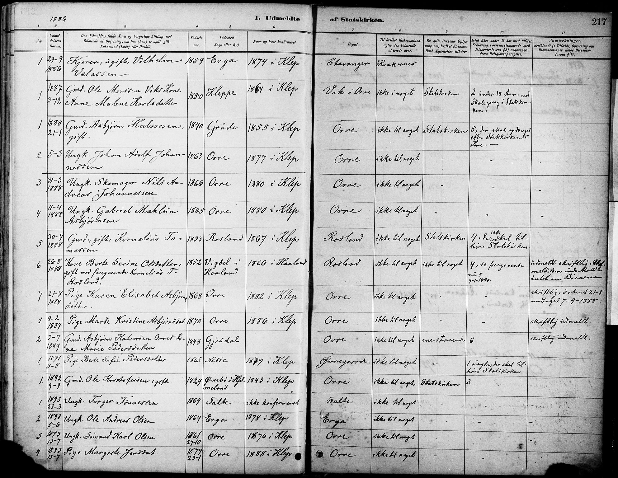 Klepp sokneprestkontor, SAST/A-101803/001/3/30BA/L0007: Parish register (official) no. A 8, 1886-1912, p. 217
