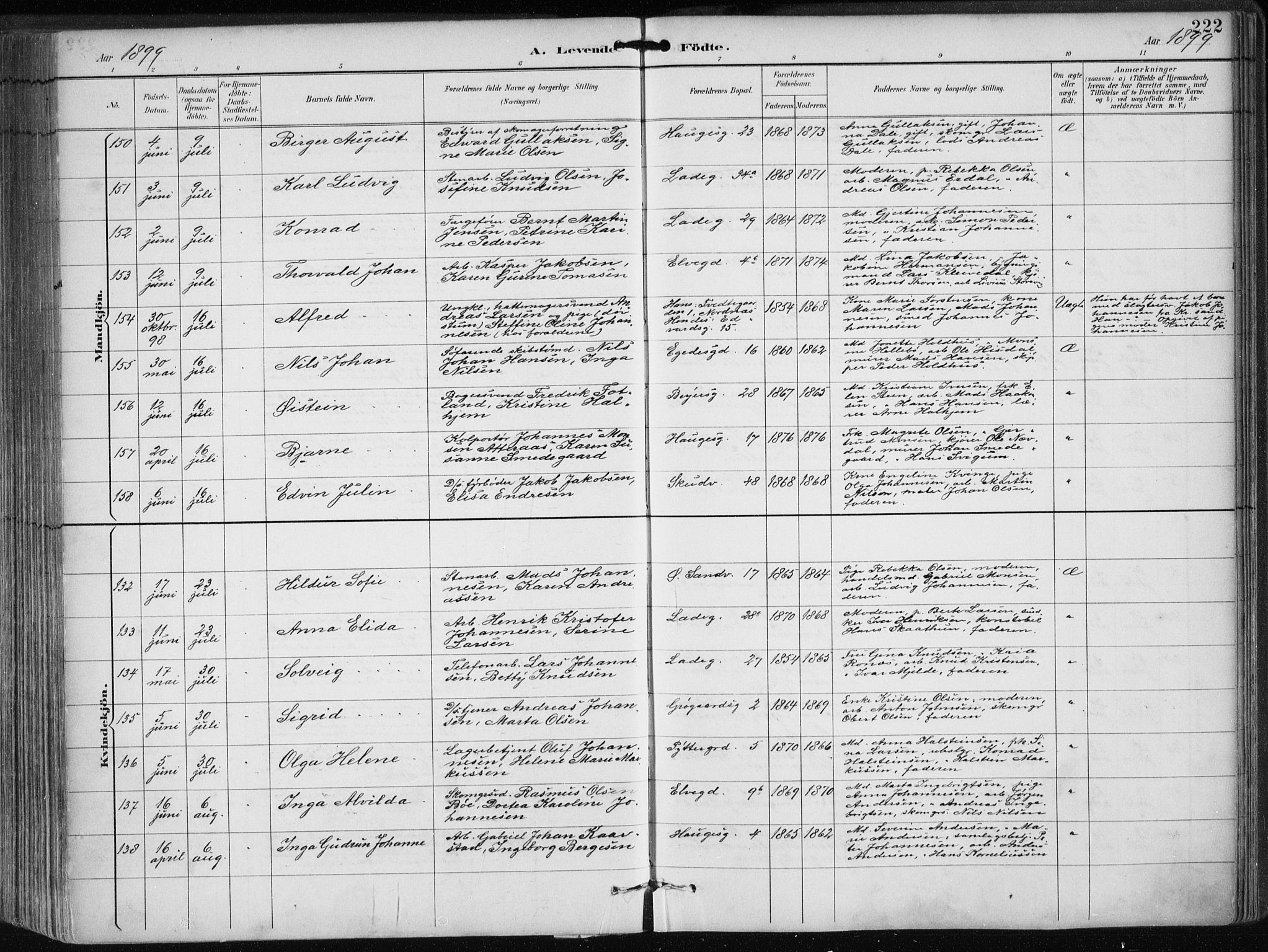 Sandviken Sokneprestembete, AV/SAB-A-77601/H/Ha/L0005: Parish register (official) no. B 2, 1891-1901, p. 222