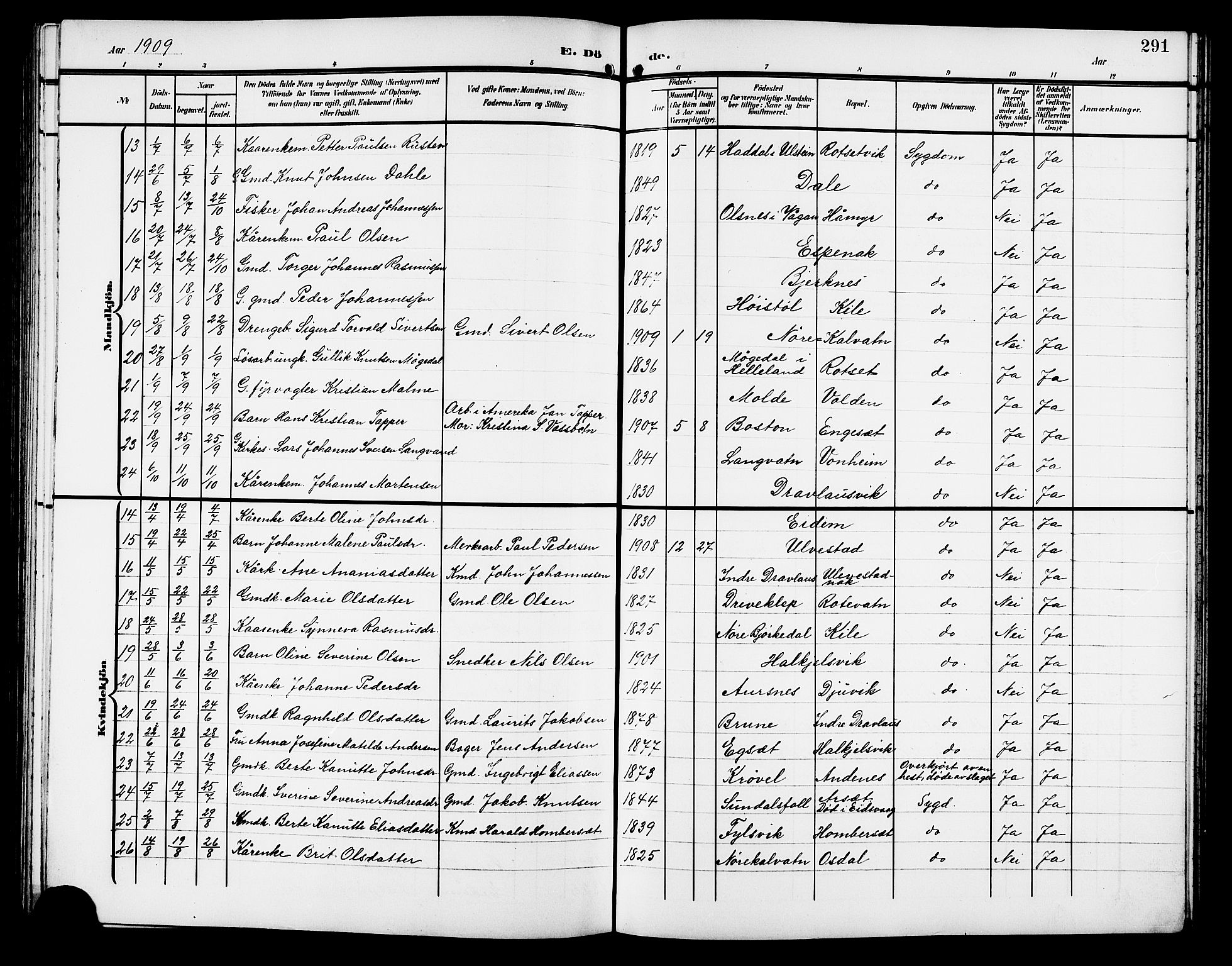 Ministerialprotokoller, klokkerbøker og fødselsregistre - Møre og Romsdal, AV/SAT-A-1454/511/L0159: Parish register (copy) no. 511C05, 1902-1920, p. 291