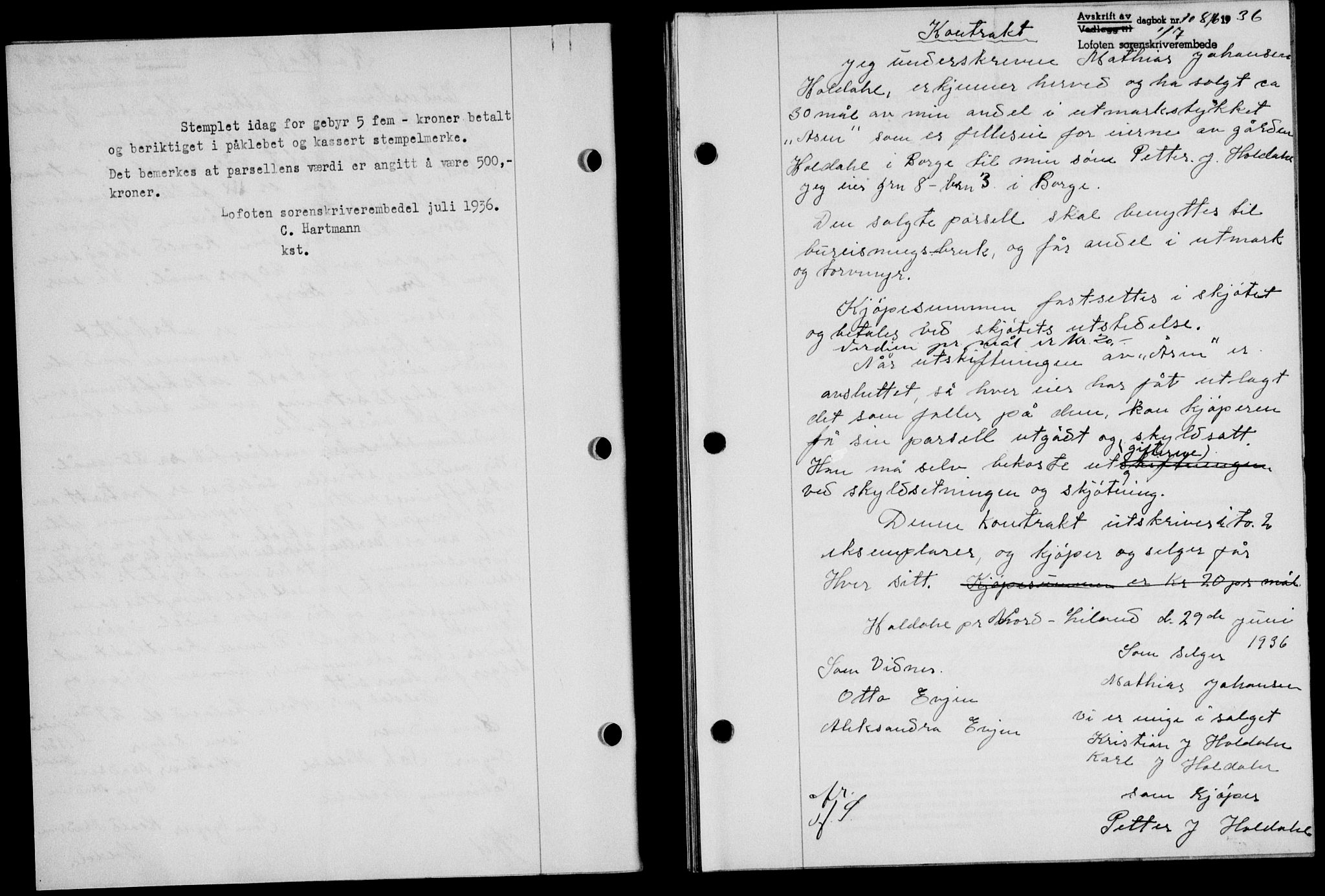 Lofoten sorenskriveri, SAT/A-0017/1/2/2C/L0001a: Mortgage book no. 1a, 1936-1937, Diary no: : 1086/1936