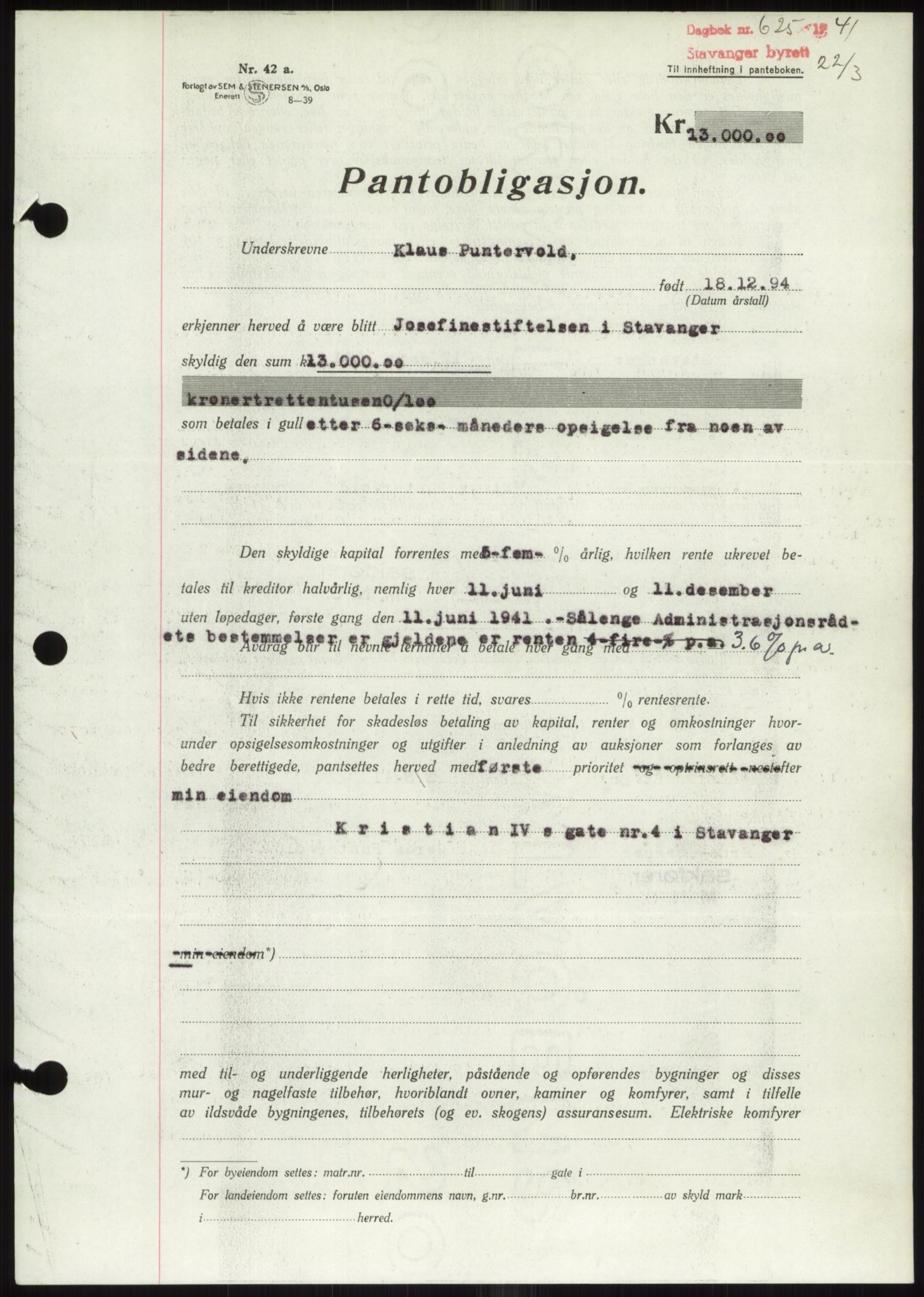 Stavanger byrett, AV/SAST-A-100455/002/G/Gb/L0033: Mortgage book, 1936-1950, Diary no: : 625/1941