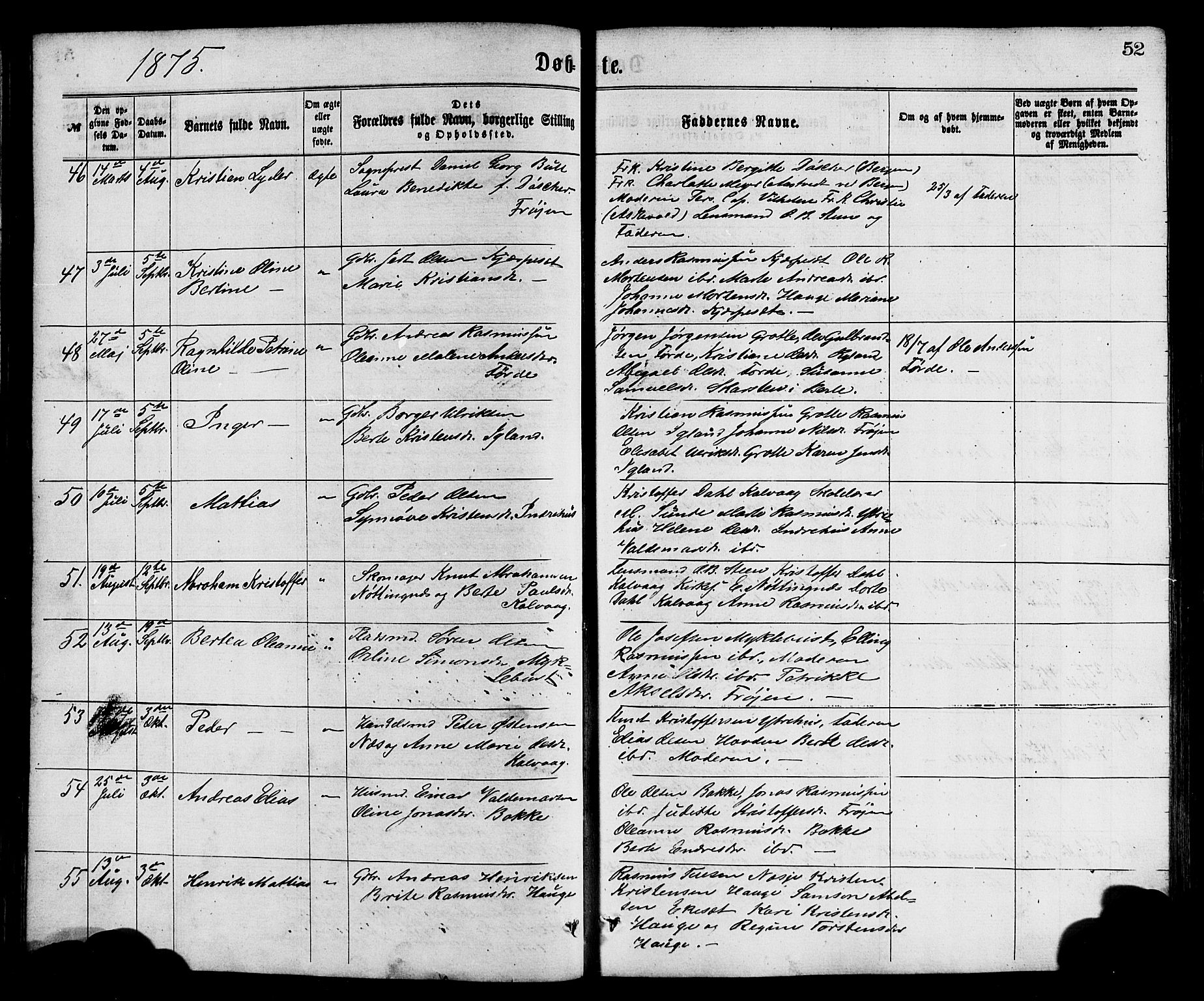 Bremanger sokneprestembete, SAB/A-82201/H/Hab/Haba/L0002: Parish register (copy) no. A 2, 1866-1889, p. 52