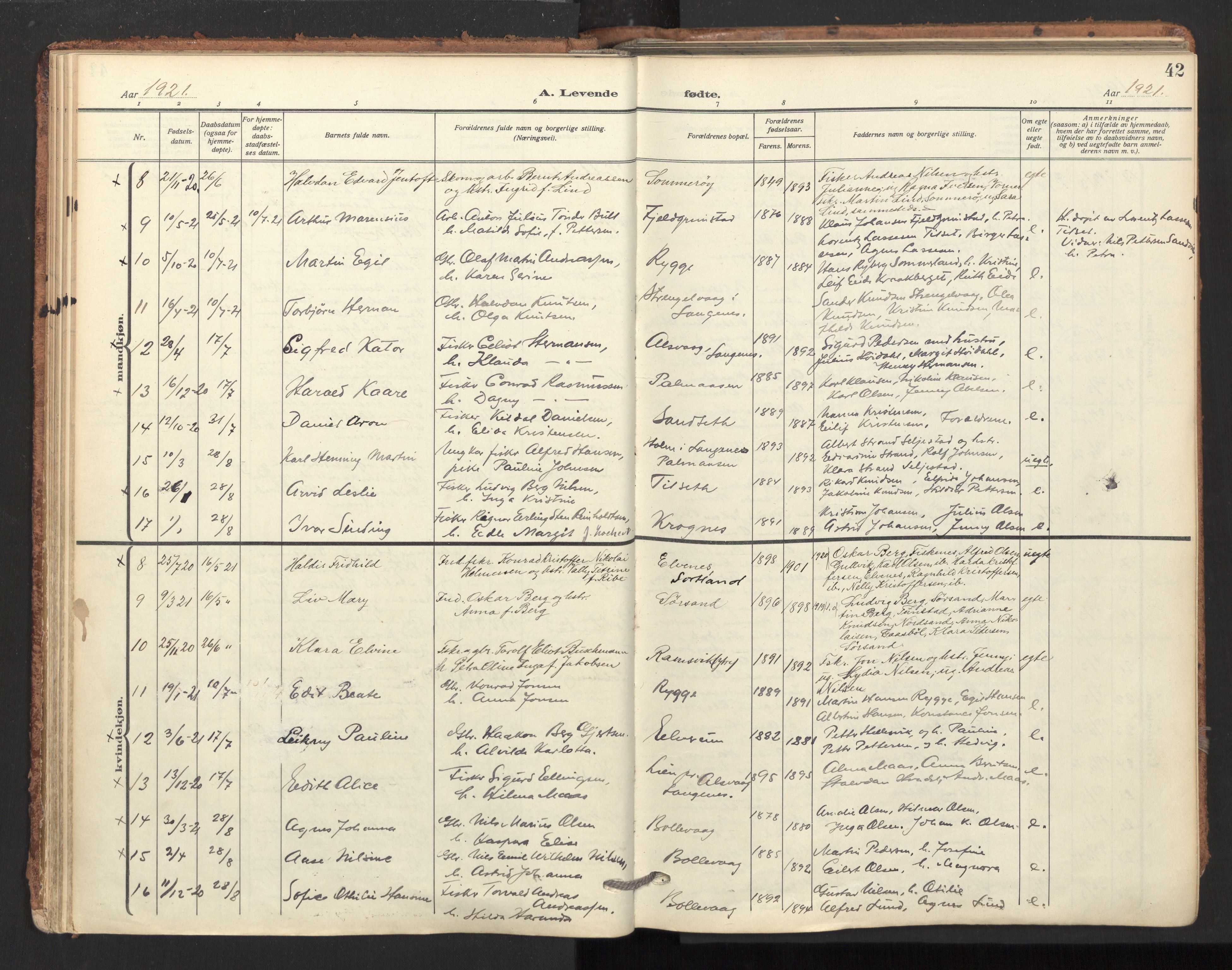 Ministerialprotokoller, klokkerbøker og fødselsregistre - Nordland, SAT/A-1459/893/L1343: Parish register (official) no. 893A15, 1914-1928, p. 42