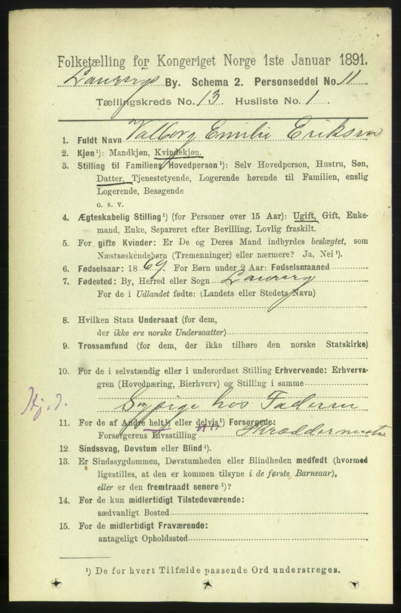 RA, 1891 census for 0707 Larvik, 1891, p. 10495