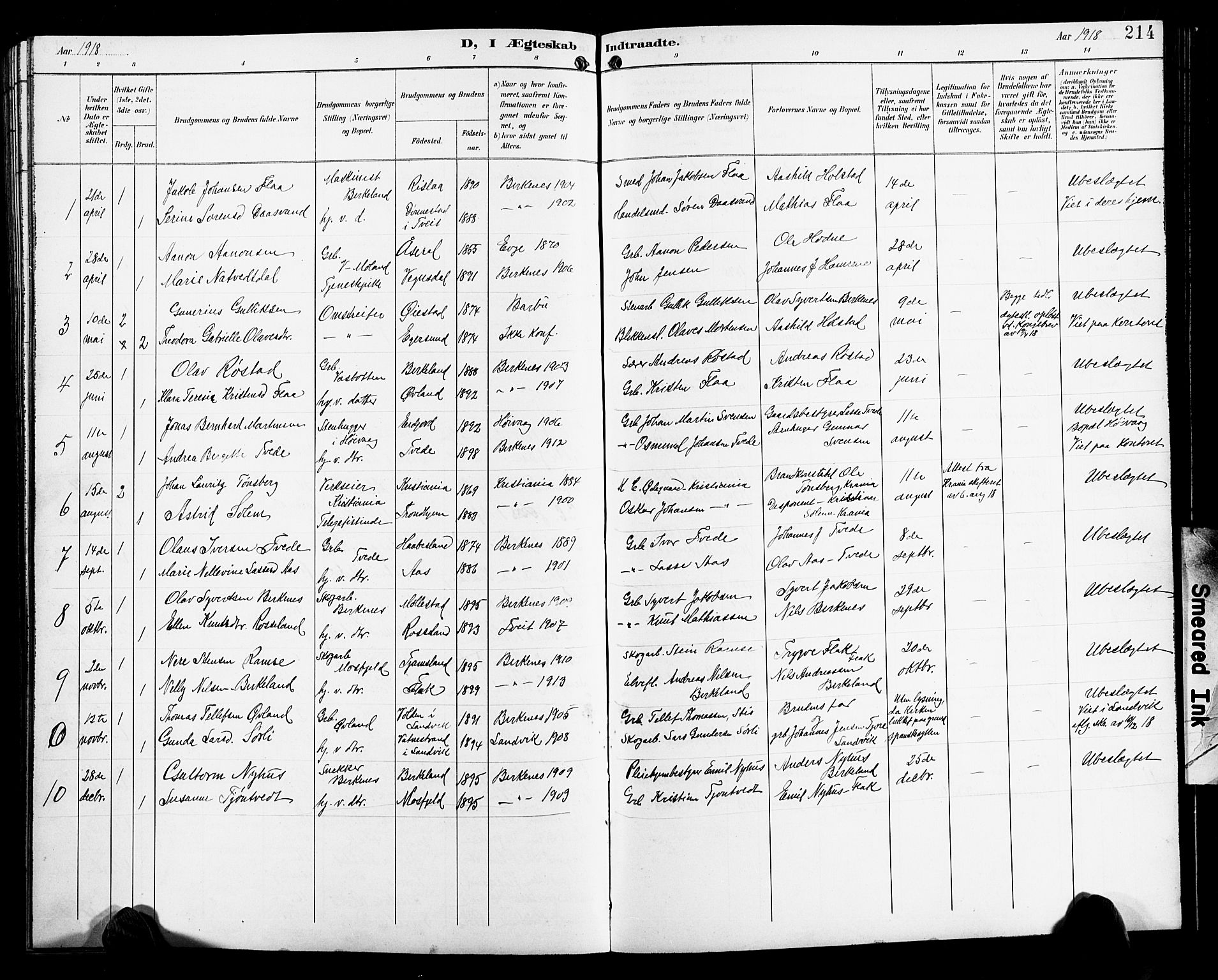 Birkenes sokneprestkontor, SAK/1111-0004/F/Fb/L0004: Parish register (copy) no. B 4, 1893-1930, p. 214