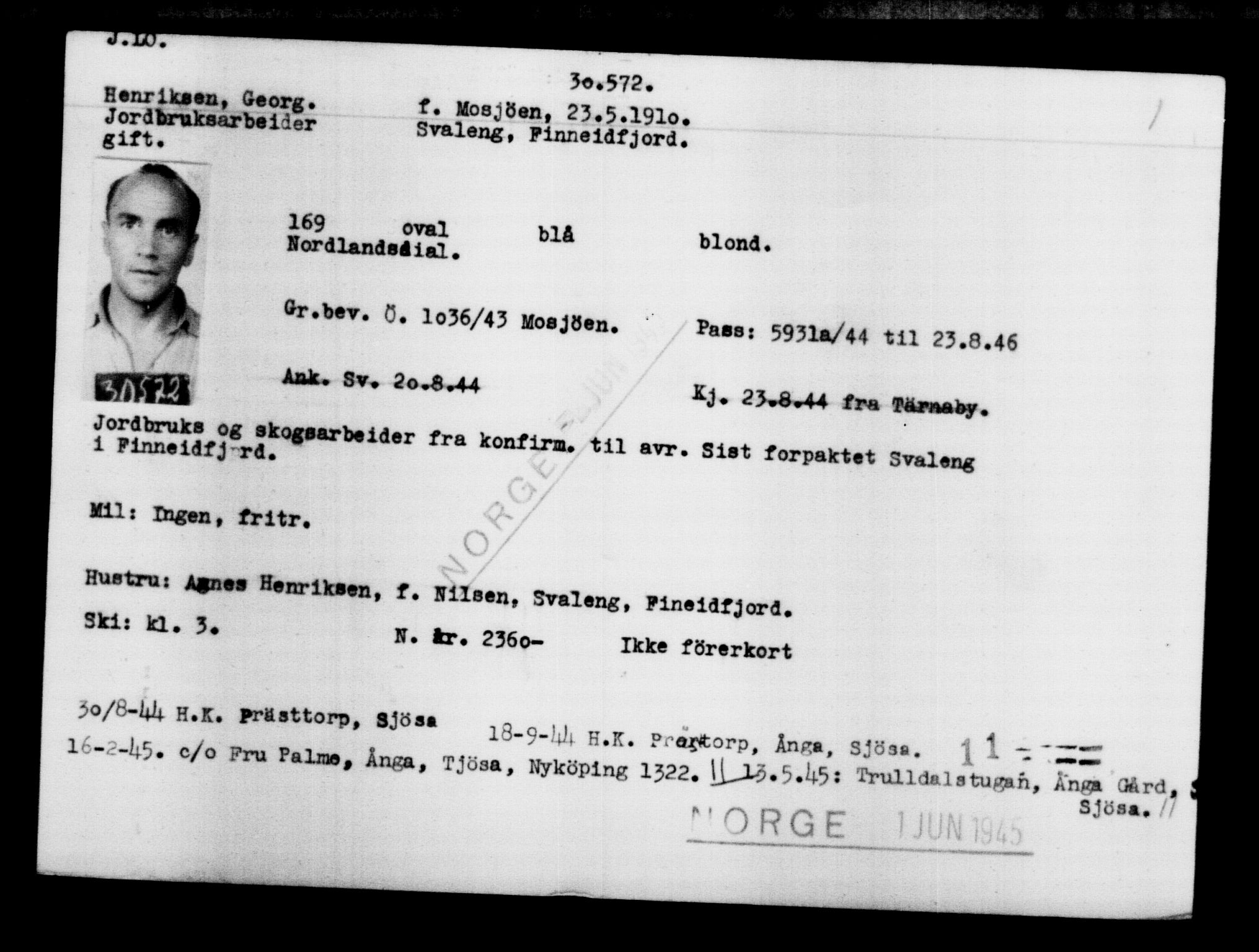 Utenriksstasjonene, Legasjonen i Stockholm, Flyktningkontoret, AV/RA-S-6753/V/Va/L0012: Kjesäterkartoteket, flyktninger med registreringsnr. 28300-31566, 1940-1945, p. 2478