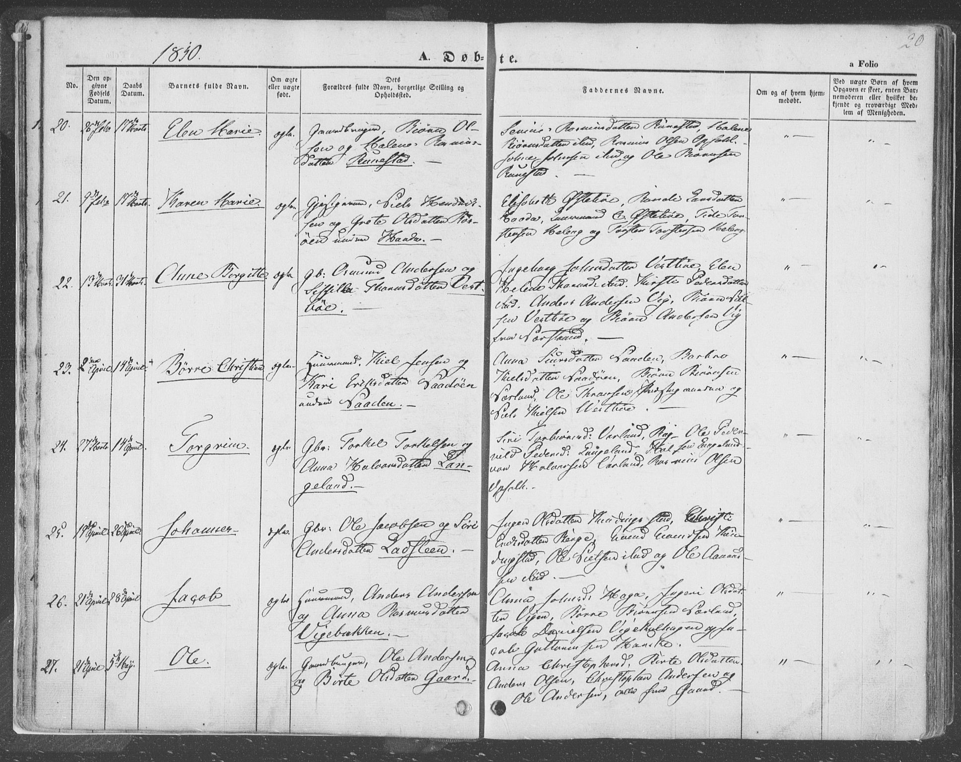 Finnøy sokneprestkontor, AV/SAST-A-101825/H/Ha/Haa/L0007: Parish register (official) no. A 7, 1847-1862, p. 20