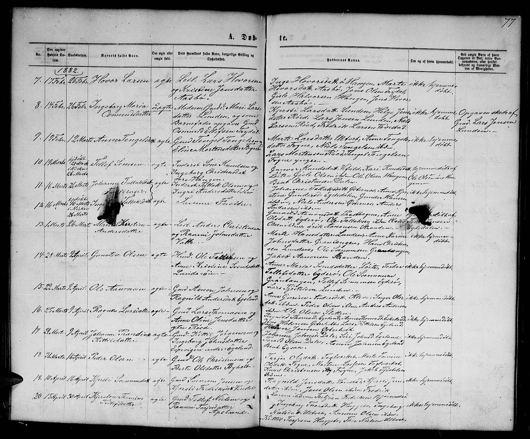 Gjerstad sokneprestkontor, AV/SAK-1111-0014/F/Fb/Fba/L0006: Parish register (copy) no. B 6, 1868-1890, p. 77