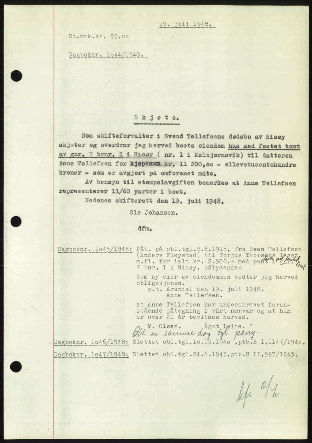 Nedenes sorenskriveri, SAK/1221-0006/G/Gb/Gba/L0059: Mortgage book no. A11, 1948-1948, Diary no: : 1044/1948