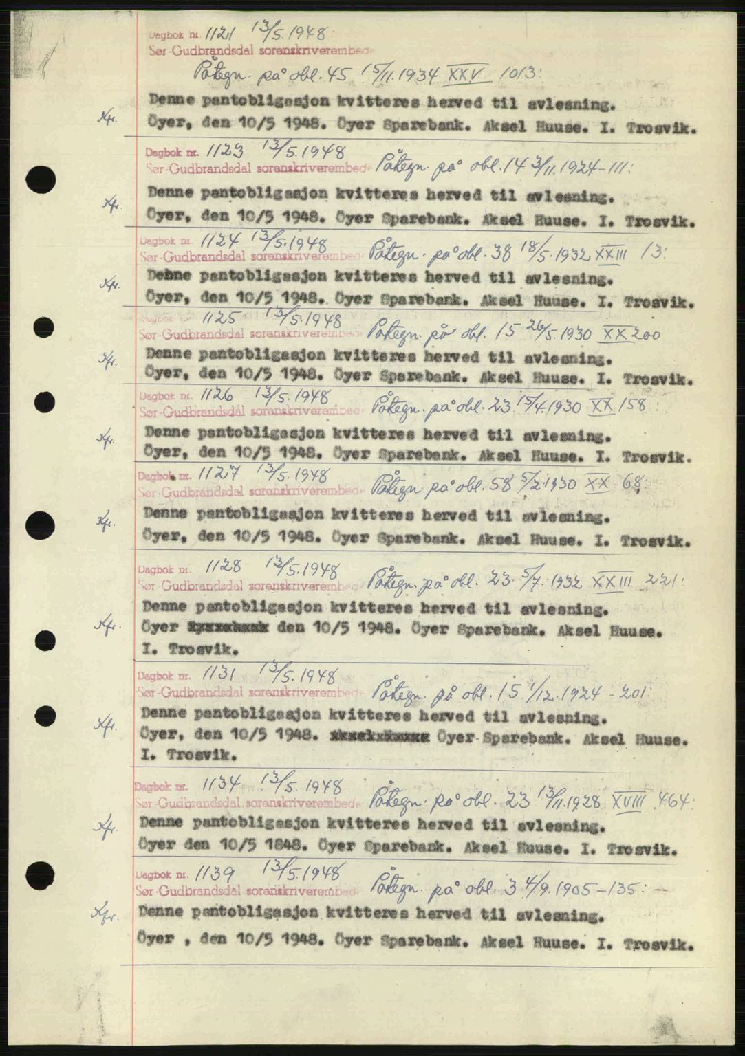 Sør-Gudbrandsdal tingrett, SAH/TING-004/H/Hb/Hbf/L0002: Mortgage book no. C1, 1938-1951, Diary no: : 1121/1948