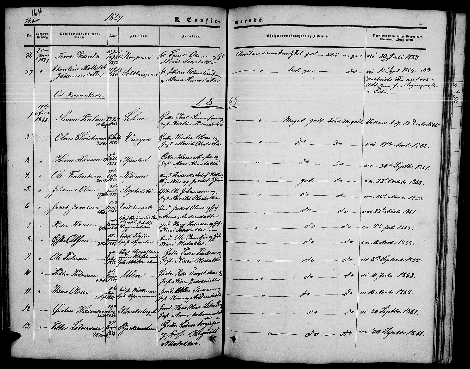 Nord-Fron prestekontor, SAH/PREST-080/H/Ha/Hab/L0003: Parish register (copy) no. 3, 1851-1886, p. 164