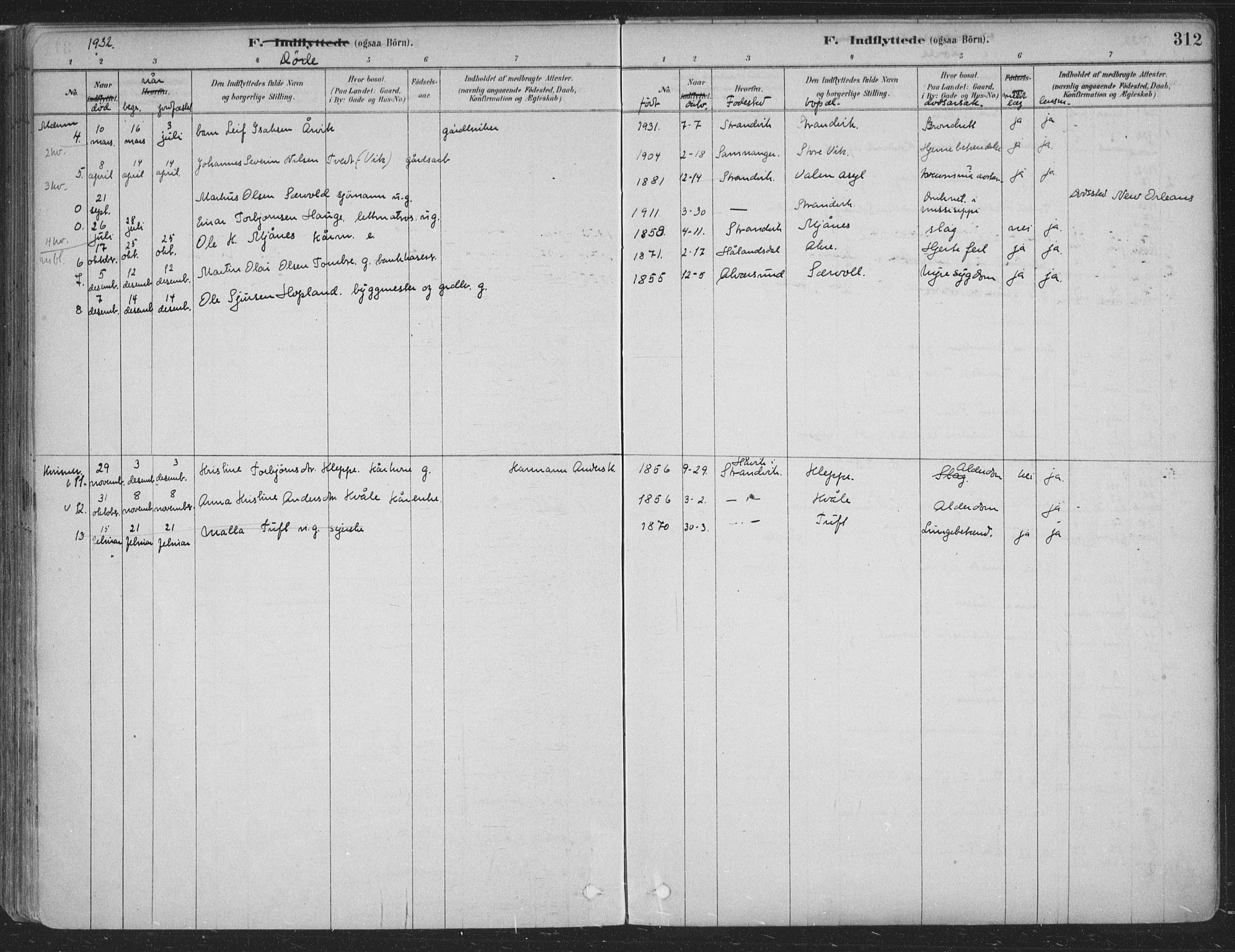 Fusa sokneprestembete, SAB/A-75401/H/Haa: Parish register (official) no. D 1, 1880-1938, p. 312