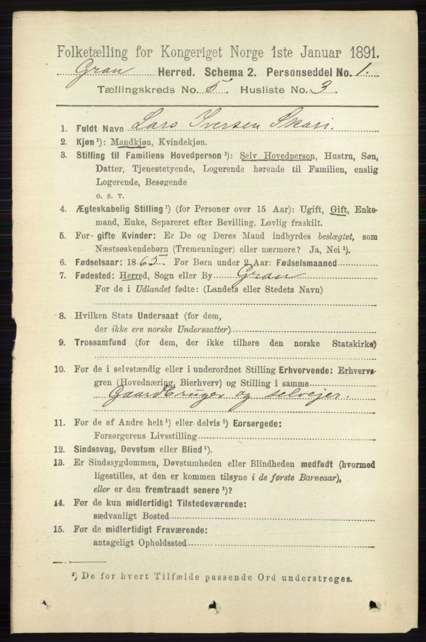 RA, 1891 census for 0534 Gran, 1891, p. 1621