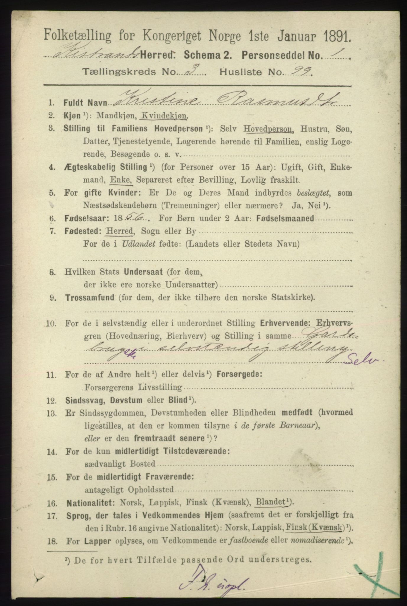 RA, 1891 census for 2020 Kistrand, 1891, p. 1881