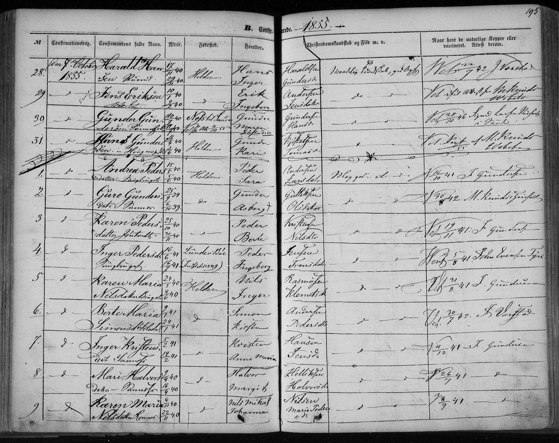 Holla kirkebøker, SAKO/A-272/F/Fa/L0005: Parish register (official) no. 5, 1849-1860, p. 195