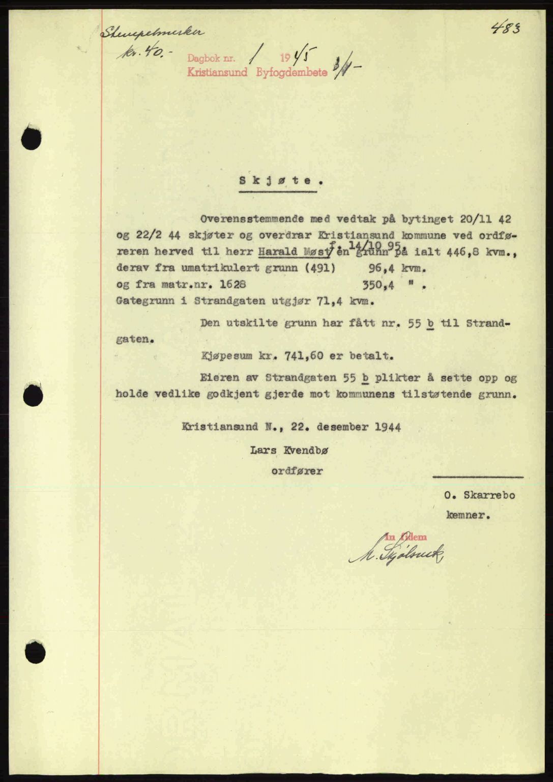 Kristiansund byfogd, AV/SAT-A-4587/A/27: Mortgage book no. 34, 1941-1945, Diary no: : 1/1945