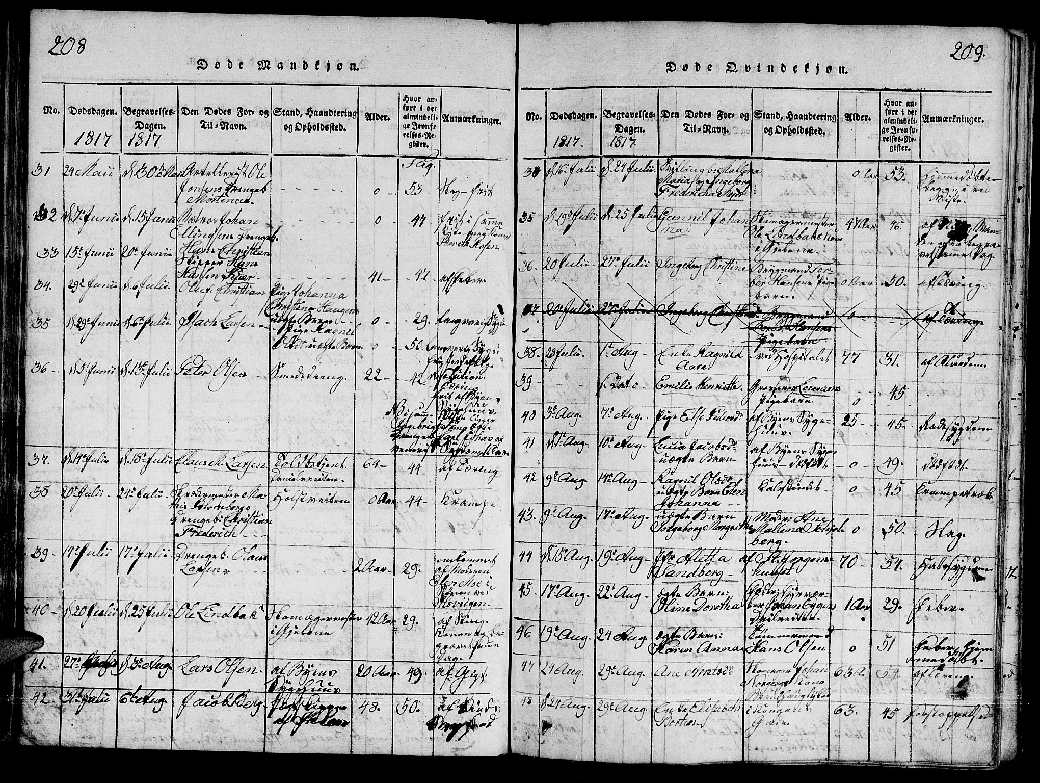 Ministerialprotokoller, klokkerbøker og fødselsregistre - Sør-Trøndelag, AV/SAT-A-1456/601/L0043: Parish register (official) no. 601A11, 1815-1821, p. 208-209