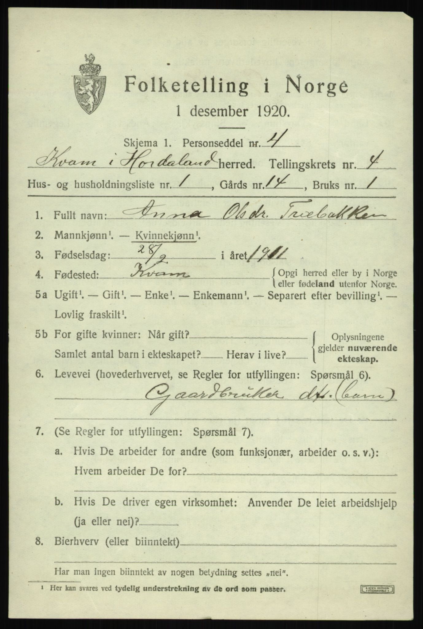 SAB, 1920 census for Kvam, 1920, p. 3243