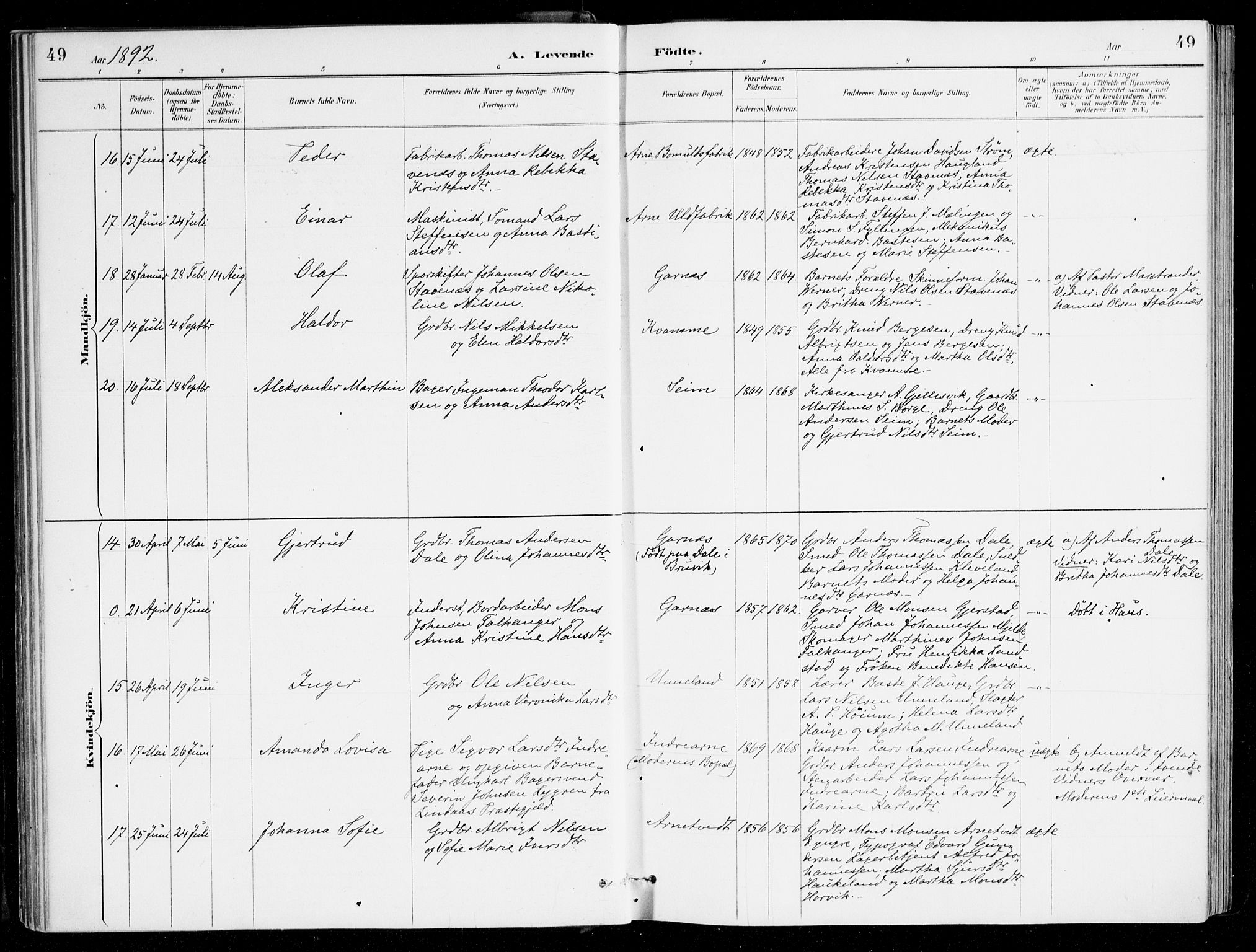 Haus sokneprestembete, AV/SAB-A-75601/H/Haa/Haad/L0001: Parish register (official) no. D 1, 1887-1898, p. 49