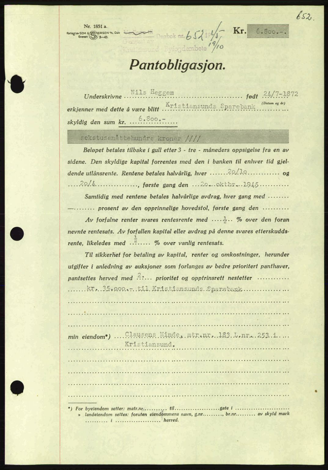 Kristiansund byfogd, AV/SAT-A-4587/A/27: Mortgage book no. 37-38, 1943-1945, Diary no: : 652/1945