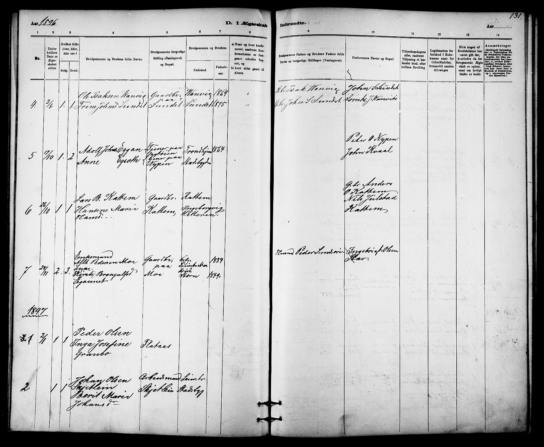 Ministerialprotokoller, klokkerbøker og fødselsregistre - Sør-Trøndelag, SAT/A-1456/613/L0395: Parish register (copy) no. 613C03, 1887-1909, p. 131
