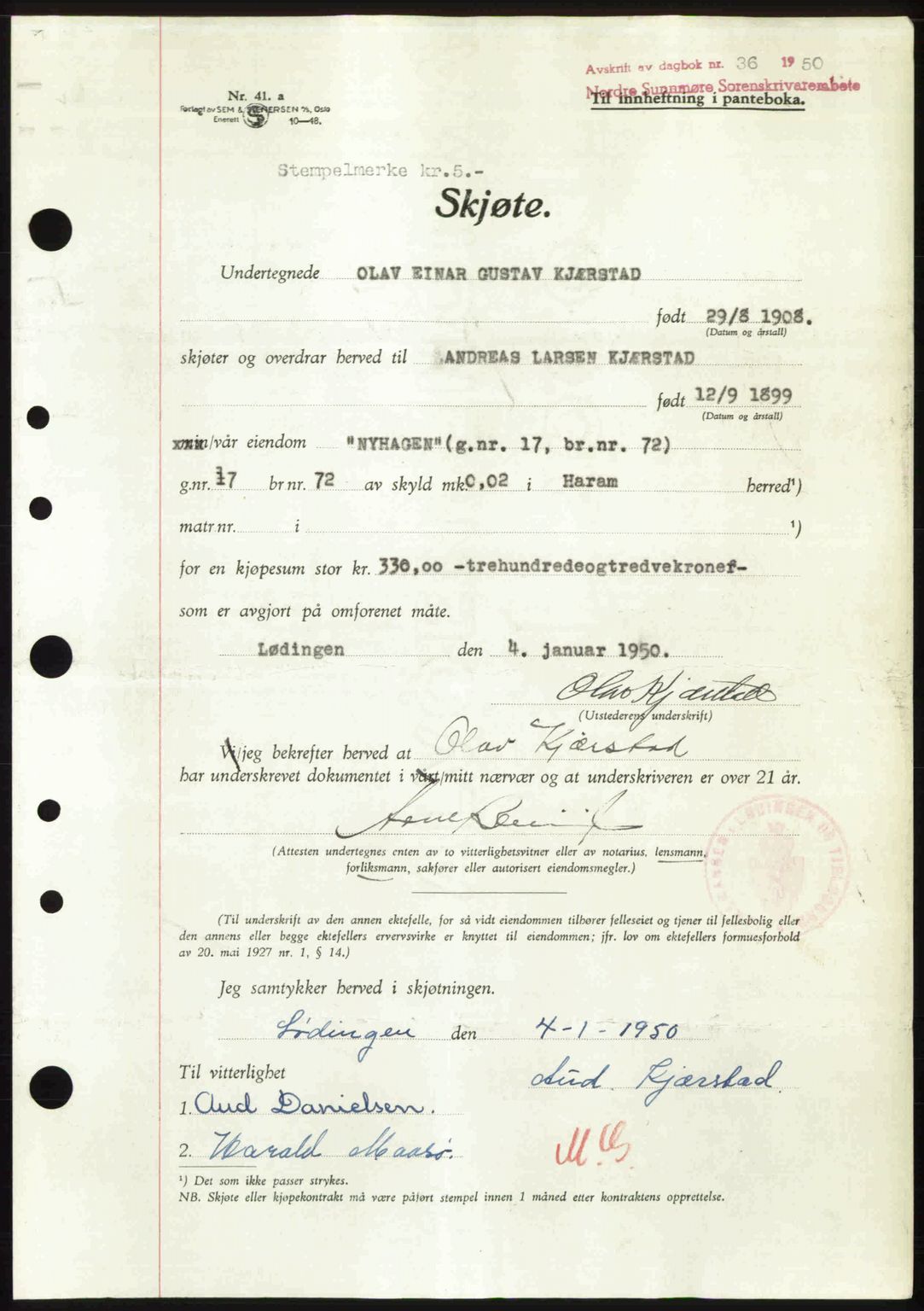 Nordre Sunnmøre sorenskriveri, AV/SAT-A-0006/1/2/2C/2Ca: Mortgage book no. A33, 1949-1950, Diary no: : 36/1950