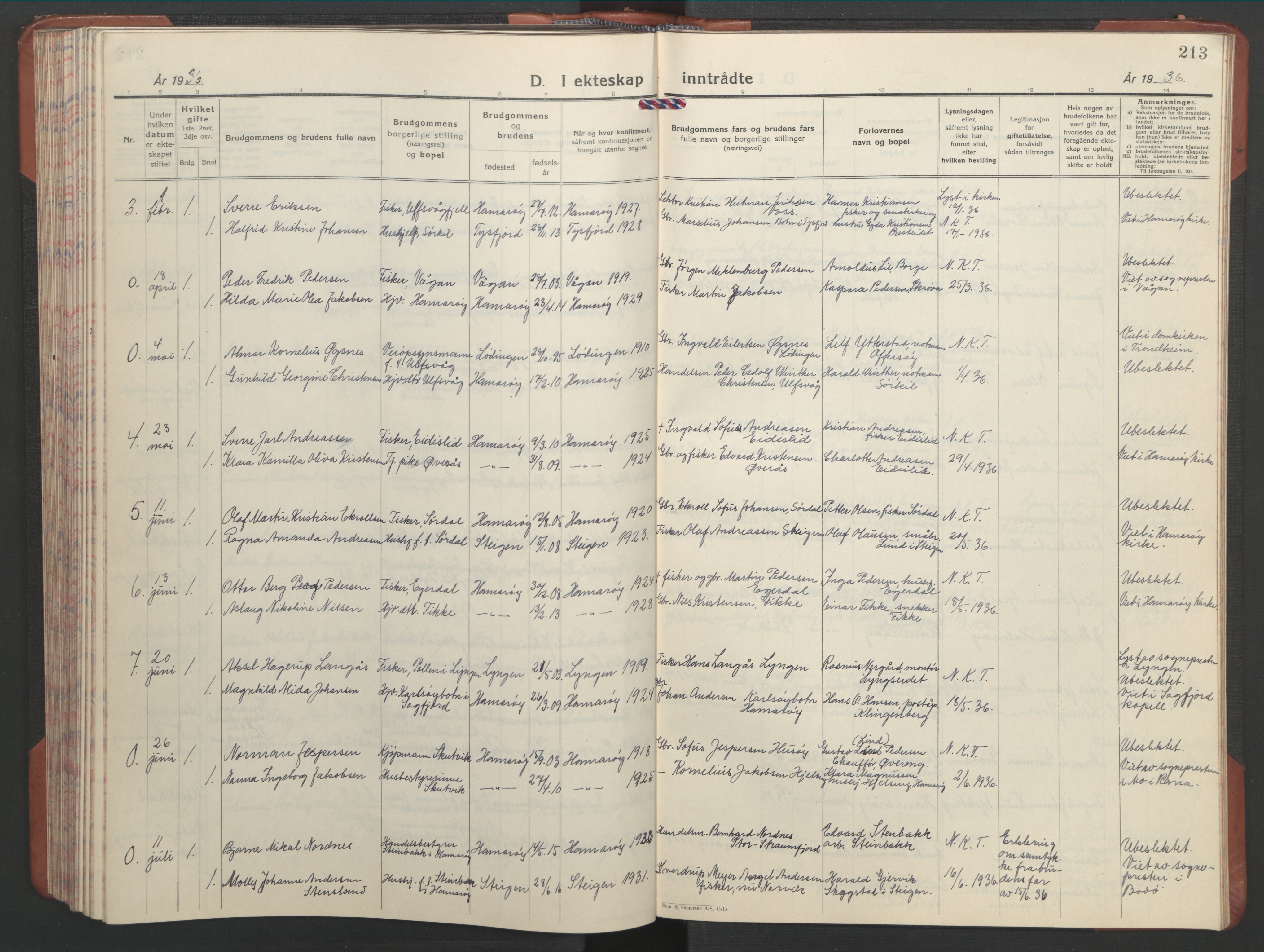 Ministerialprotokoller, klokkerbøker og fødselsregistre - Nordland, AV/SAT-A-1459/859/L0862: Parish register (copy) no. 859C08, 1925-1936, p. 213