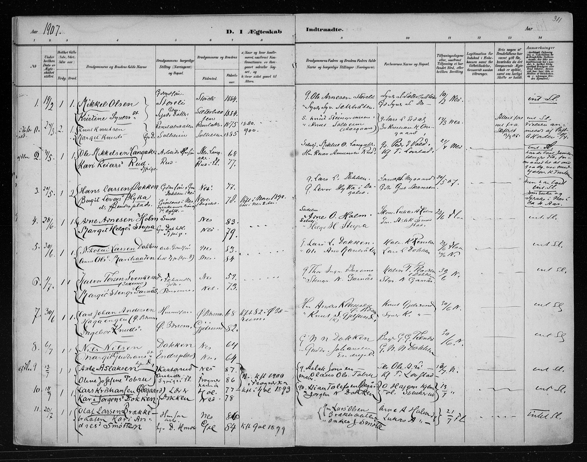 Nes kirkebøker, SAKO/A-236/F/Fa/L0011: Parish register (official) no. 11, 1881-1912, p. 311