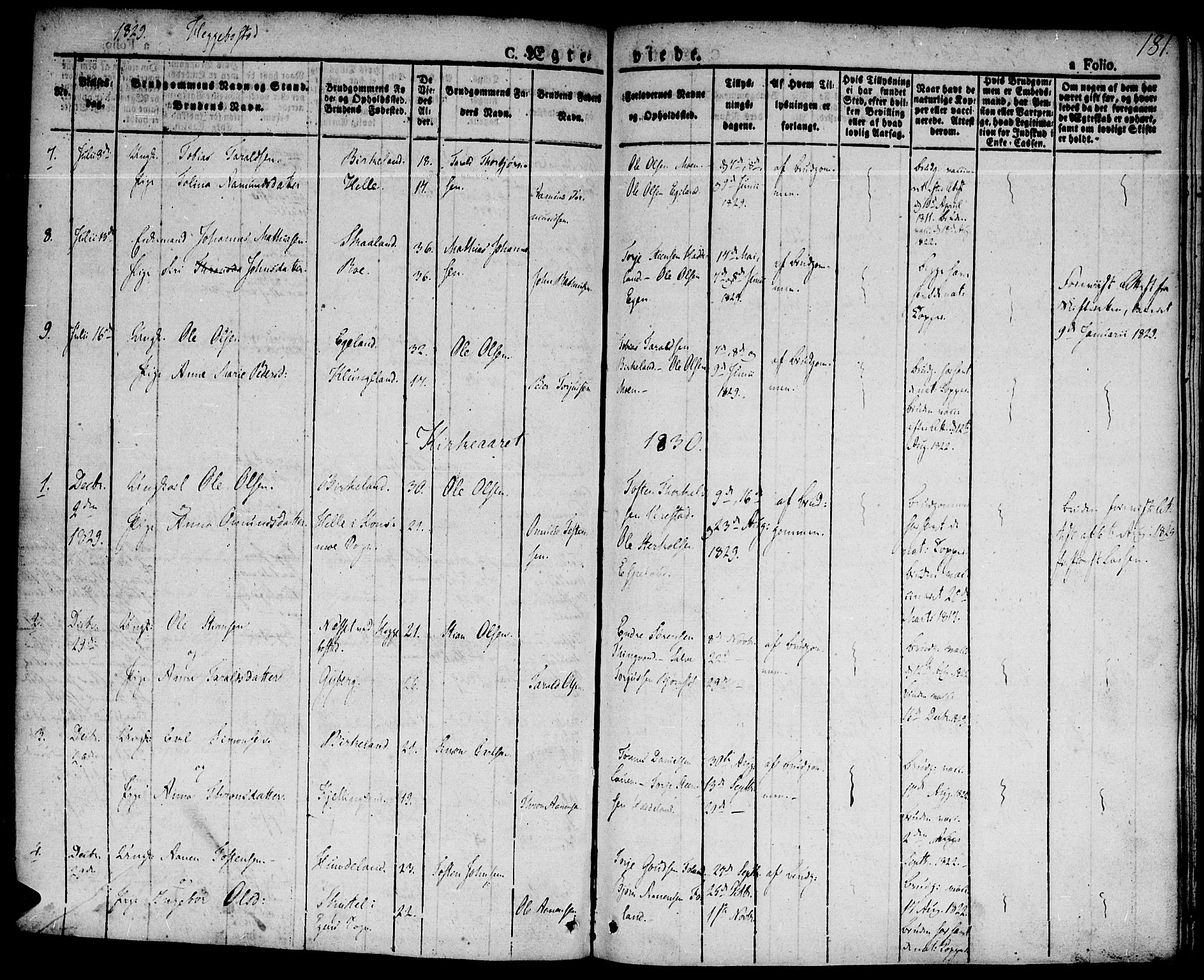 Hægebostad sokneprestkontor, SAK/1111-0024/F/Fa/Faa/L0003: Parish register (official) no. A 3 /1, 1825-1834, p. 181