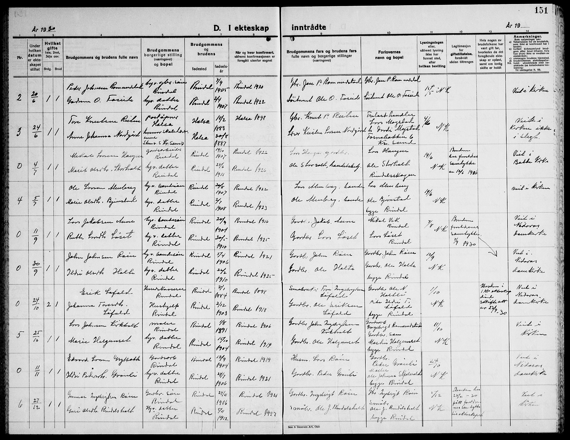 Ministerialprotokoller, klokkerbøker og fødselsregistre - Møre og Romsdal, AV/SAT-A-1454/598/L1080: Parish register (copy) no. 598C05, 1927-1944, p. 151