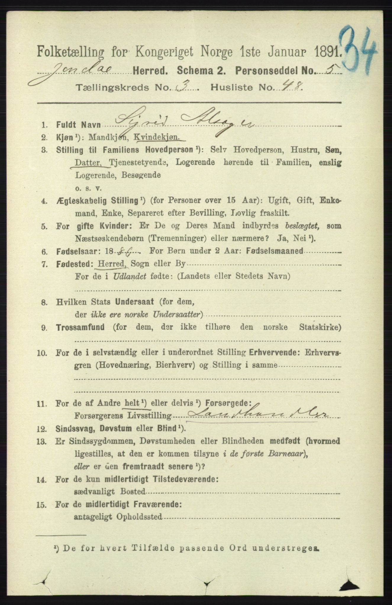 RA, 1891 census for 1227 Jondal, 1891, p. 1594