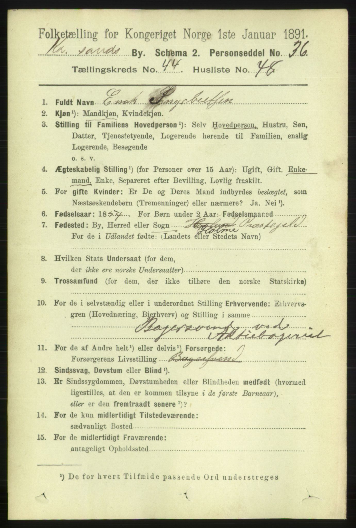 RA, 1891 census for 1001 Kristiansand, 1891, p. 13890