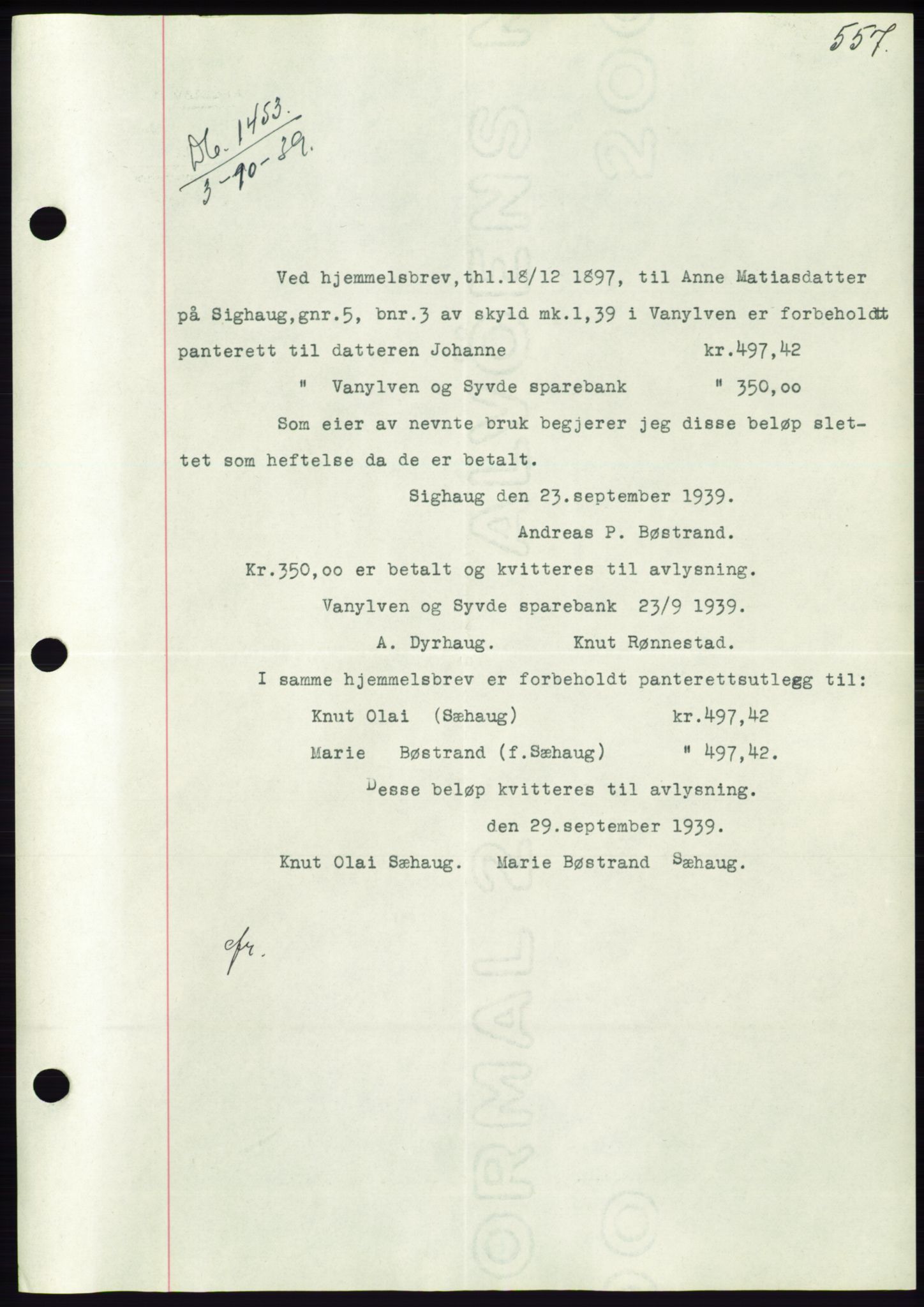 Søre Sunnmøre sorenskriveri, AV/SAT-A-4122/1/2/2C/L0068: Mortgage book no. 62, 1939-1939, Diary no: : 1453/1939