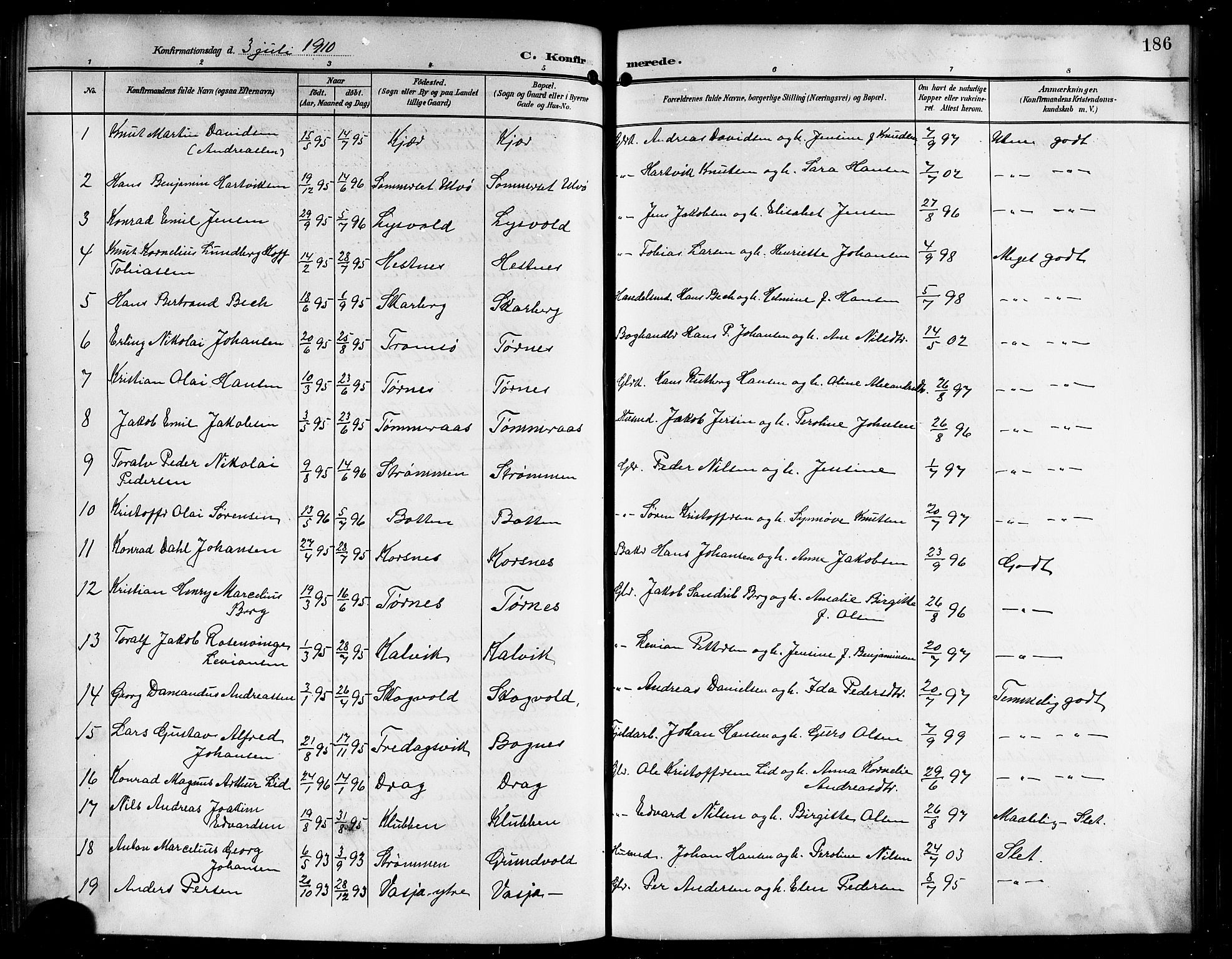 Ministerialprotokoller, klokkerbøker og fødselsregistre - Nordland, SAT/A-1459/861/L0877: Parish register (copy) no. 861C03, 1903-1919, p. 186